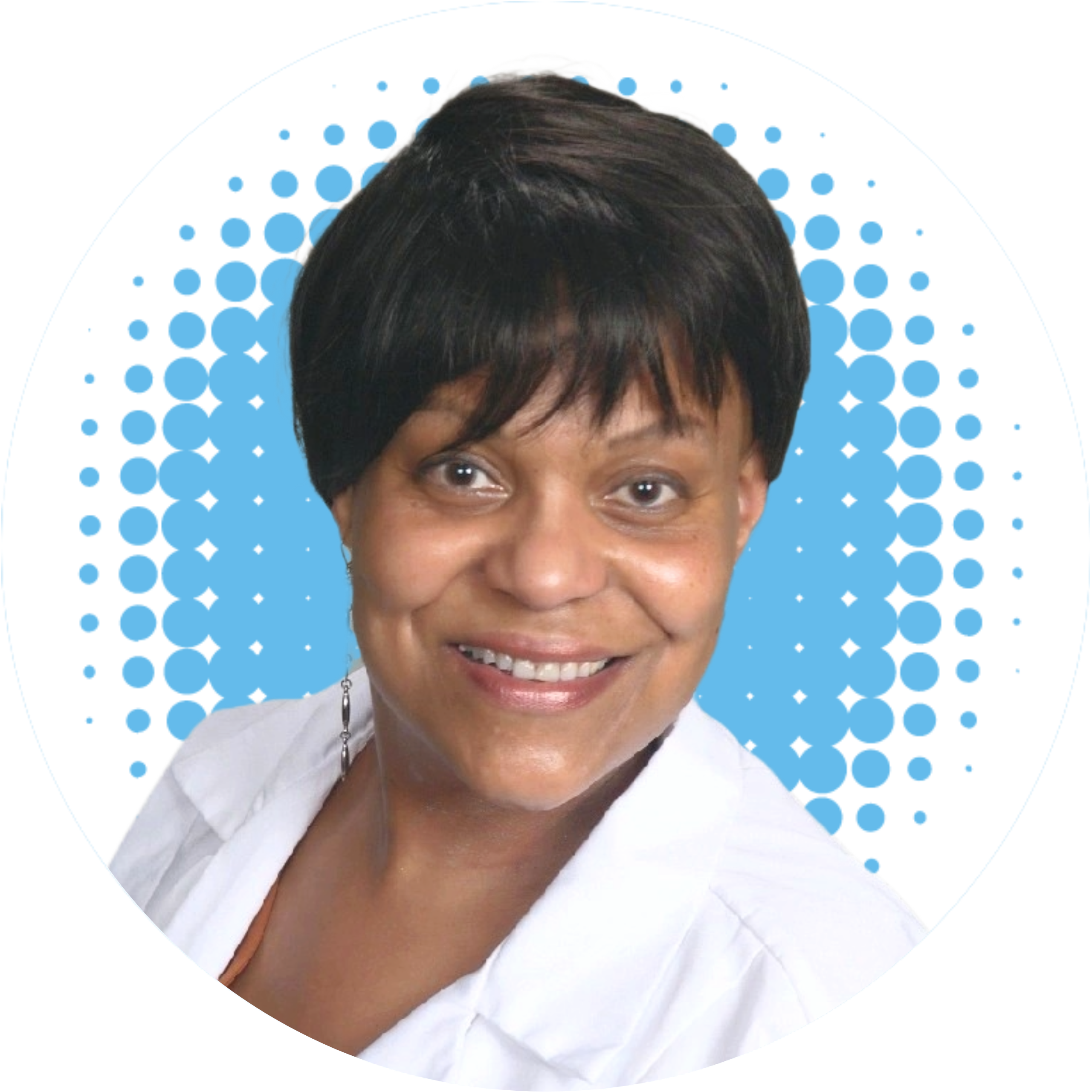 Dr. Natasha Stinson in a white coat smiles in front of a blue polka dot background