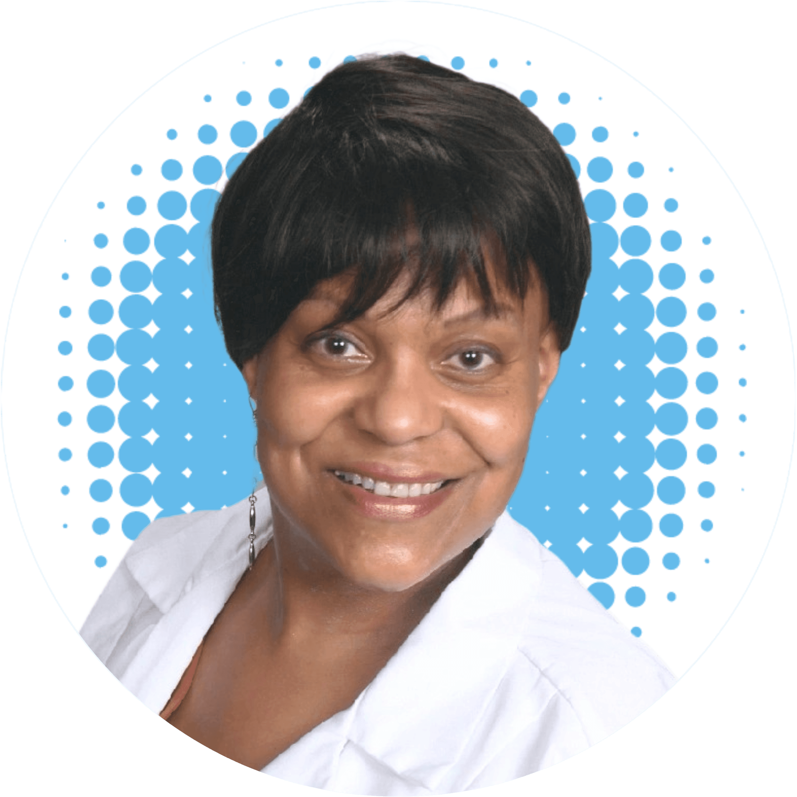 Dr. Natasha Stinson in a white coat smiles in front of a blue polka dot background