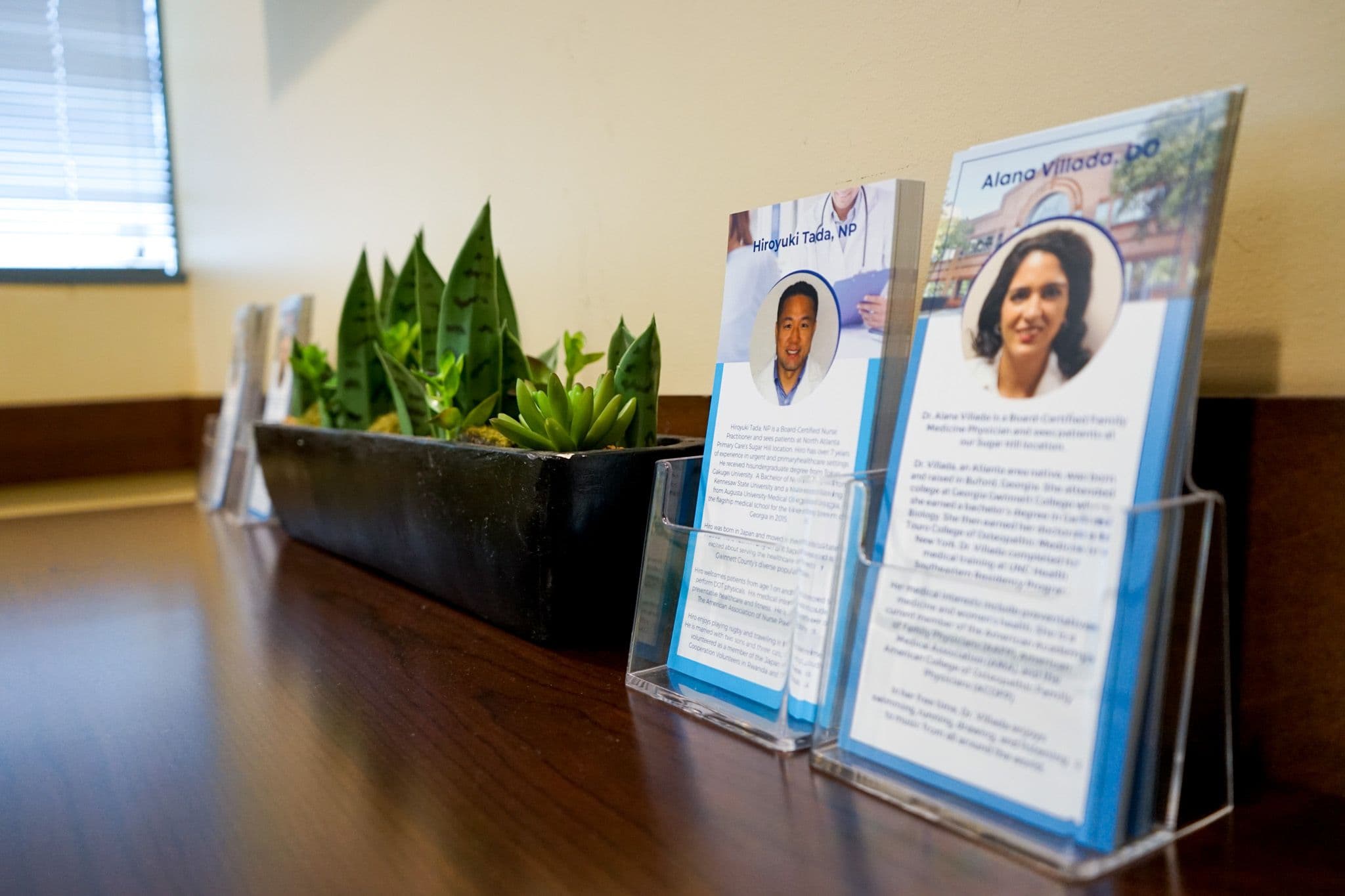 two brochures are sitting on a wooden table next to a potted plant .