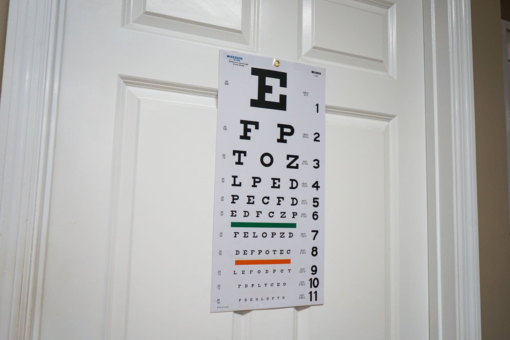 an eye chart is hanging on a white door at South Georgia Internal Medicine at Swainsboro .