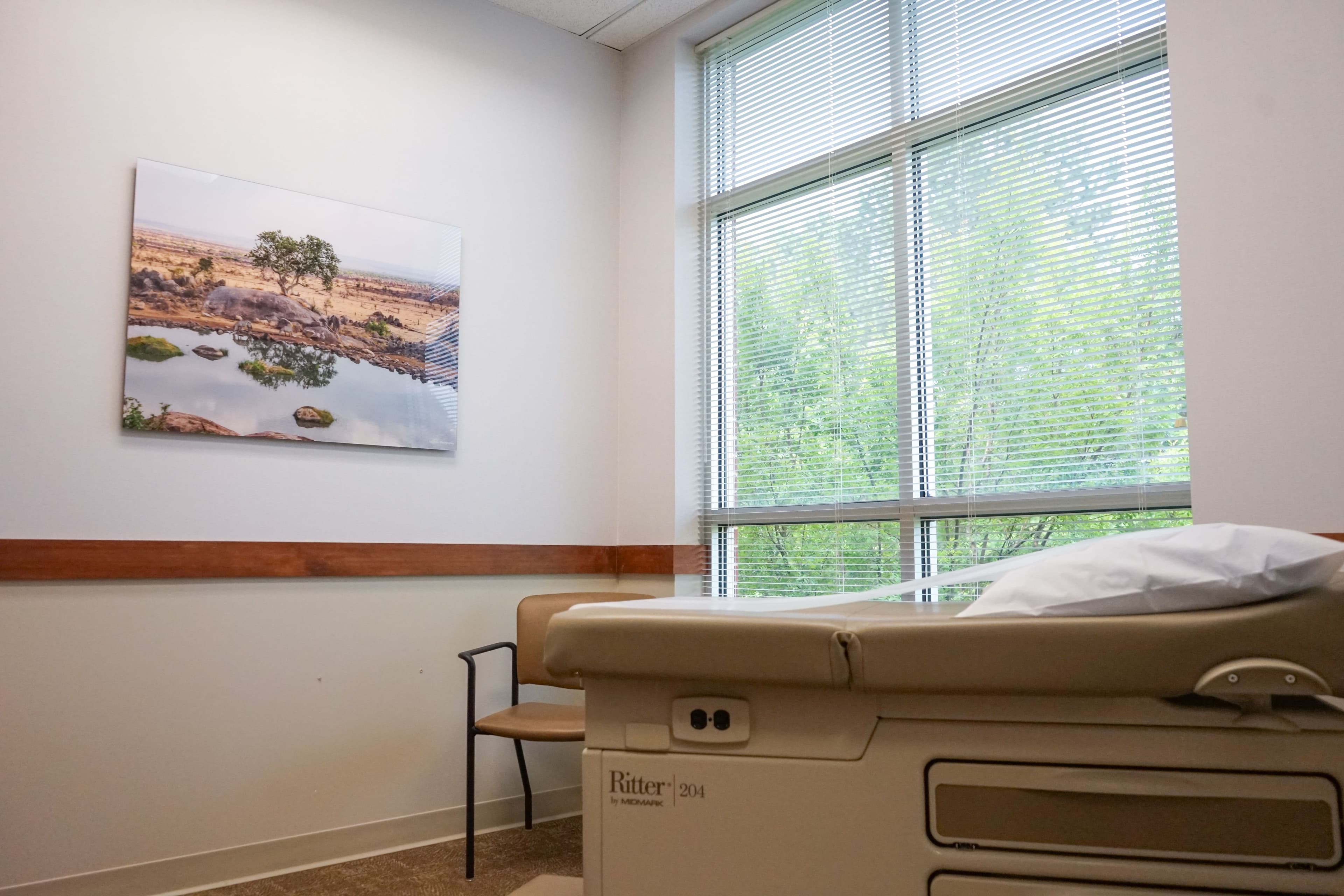 a doctor 's office with a large window and a painting on the wall .