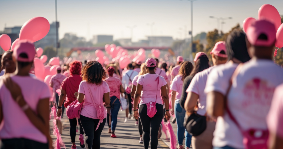 a group of women in pink shirts are walking down a street