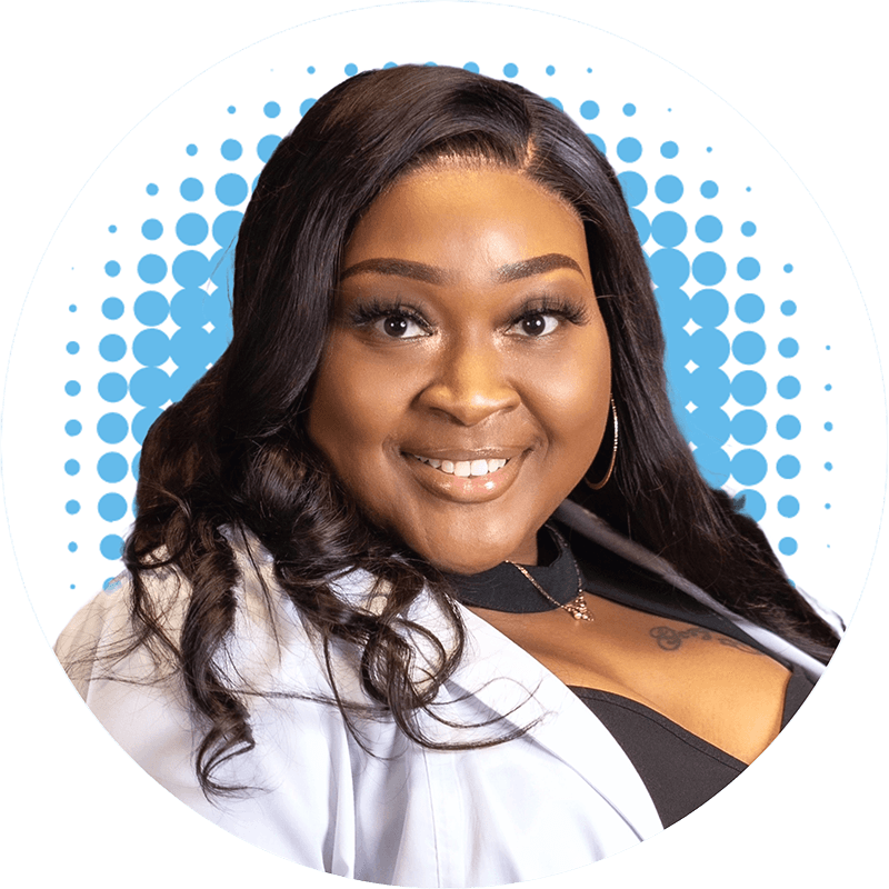 Demi Murray, FNP-C is smiling in front of a blue polka dot background