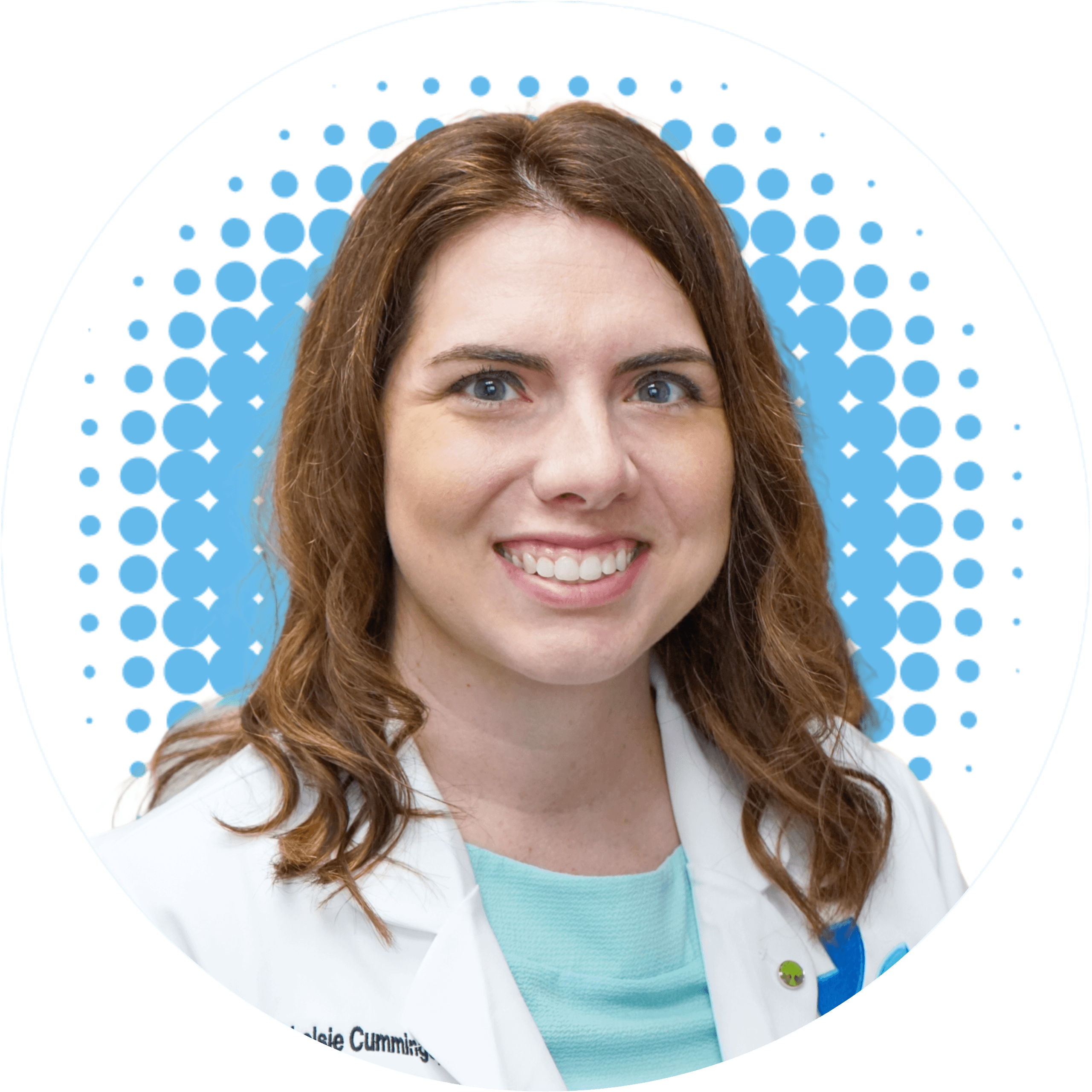 Lauren "Chelsie" Cummings, FNP-C, is smiling in front of a blue polka dot background