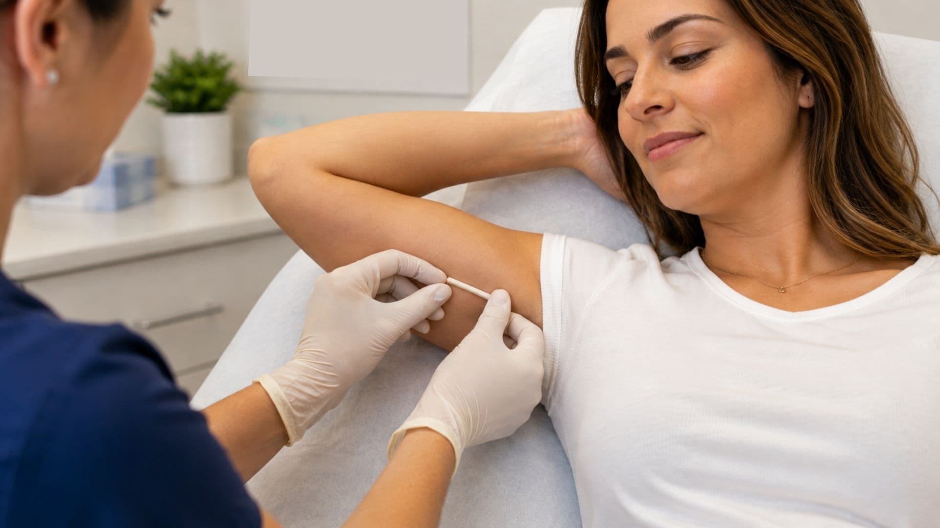 A medical professional inserts a contraceptive implant into a patient's arm.