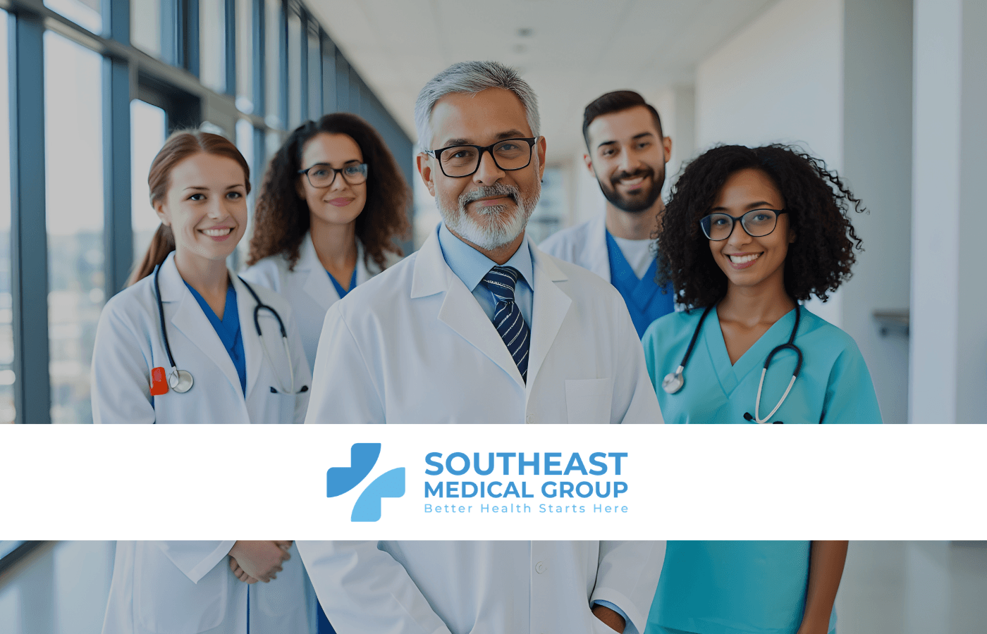 A diverse group of smiling medical professionals with the Southeast Medical Group logo.