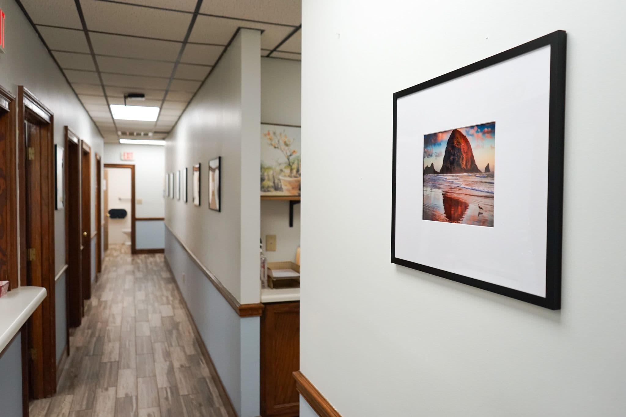 a picture of a mountain is hanging on a wall in a hallway .