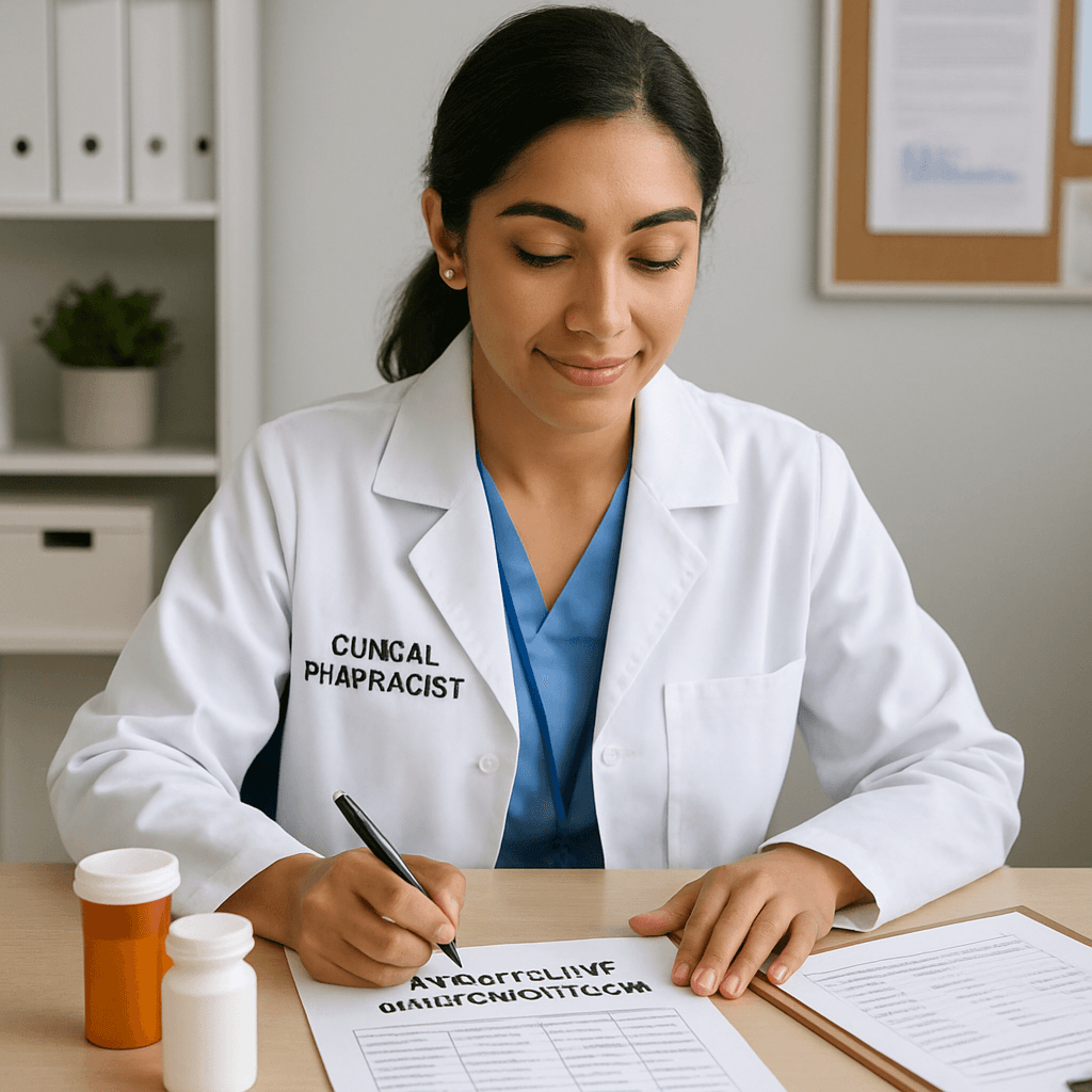 a female pharmacist is writing on a piece of paper