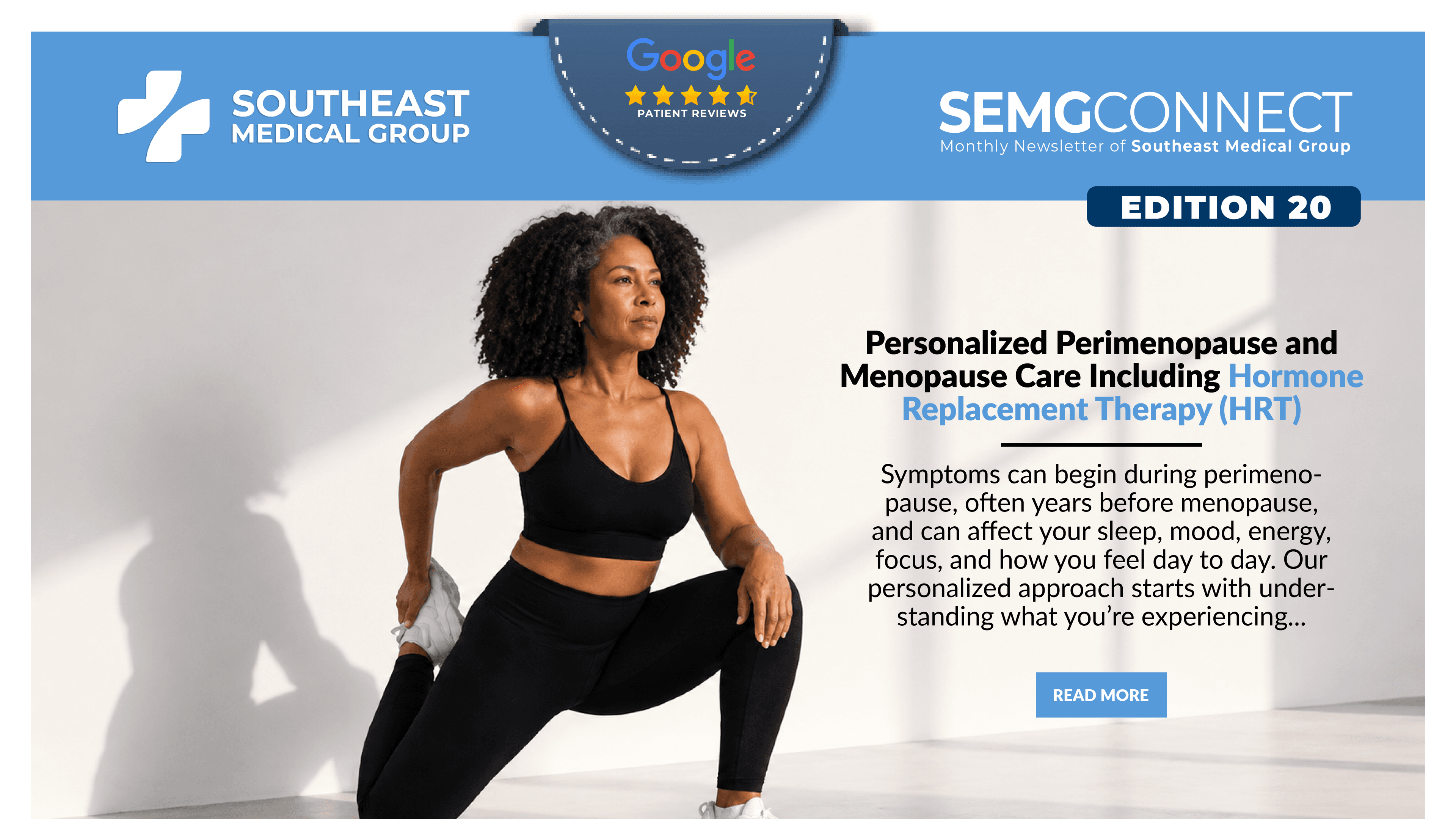 Southeast Medical Group newsletter advertising personalized perimenopause and menopause care, featuring a fit woman stretching.