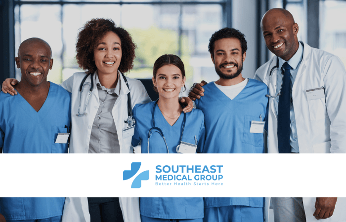 Five smiling healthcare professionals of diverse backgrounds, with the Southeast Medical Group logo at the bottom.