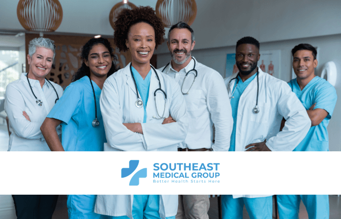 Six diverse medical professionals smiling, with Southeast Medical Group logo.