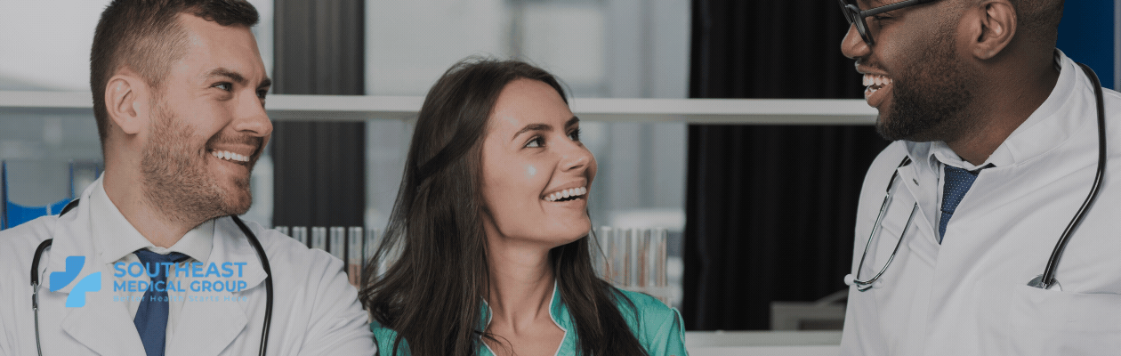 Three smiling medical professionals with the Southeast Medical Group logo.