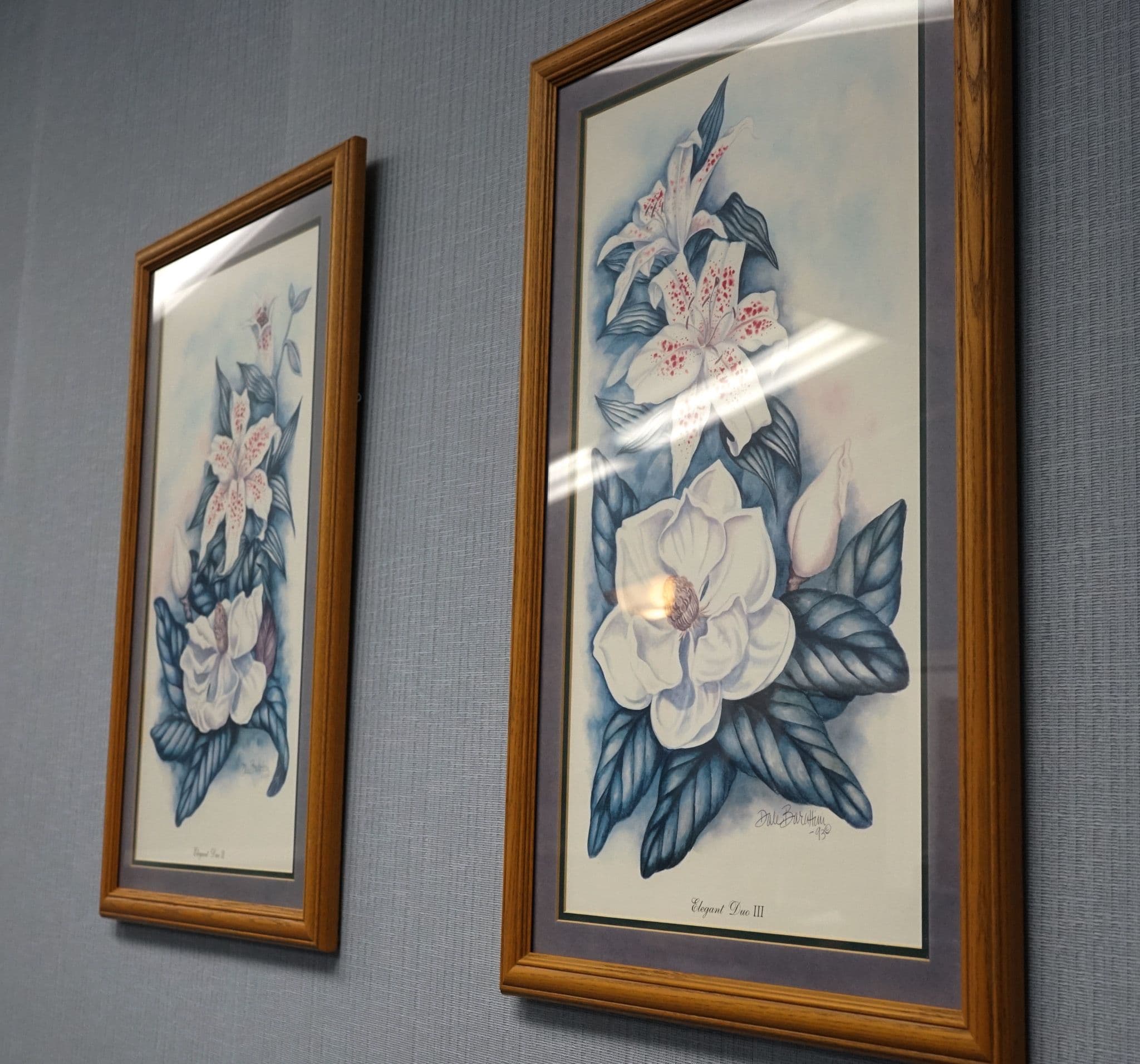 two framed paintings of flowers are hanging on a wall .