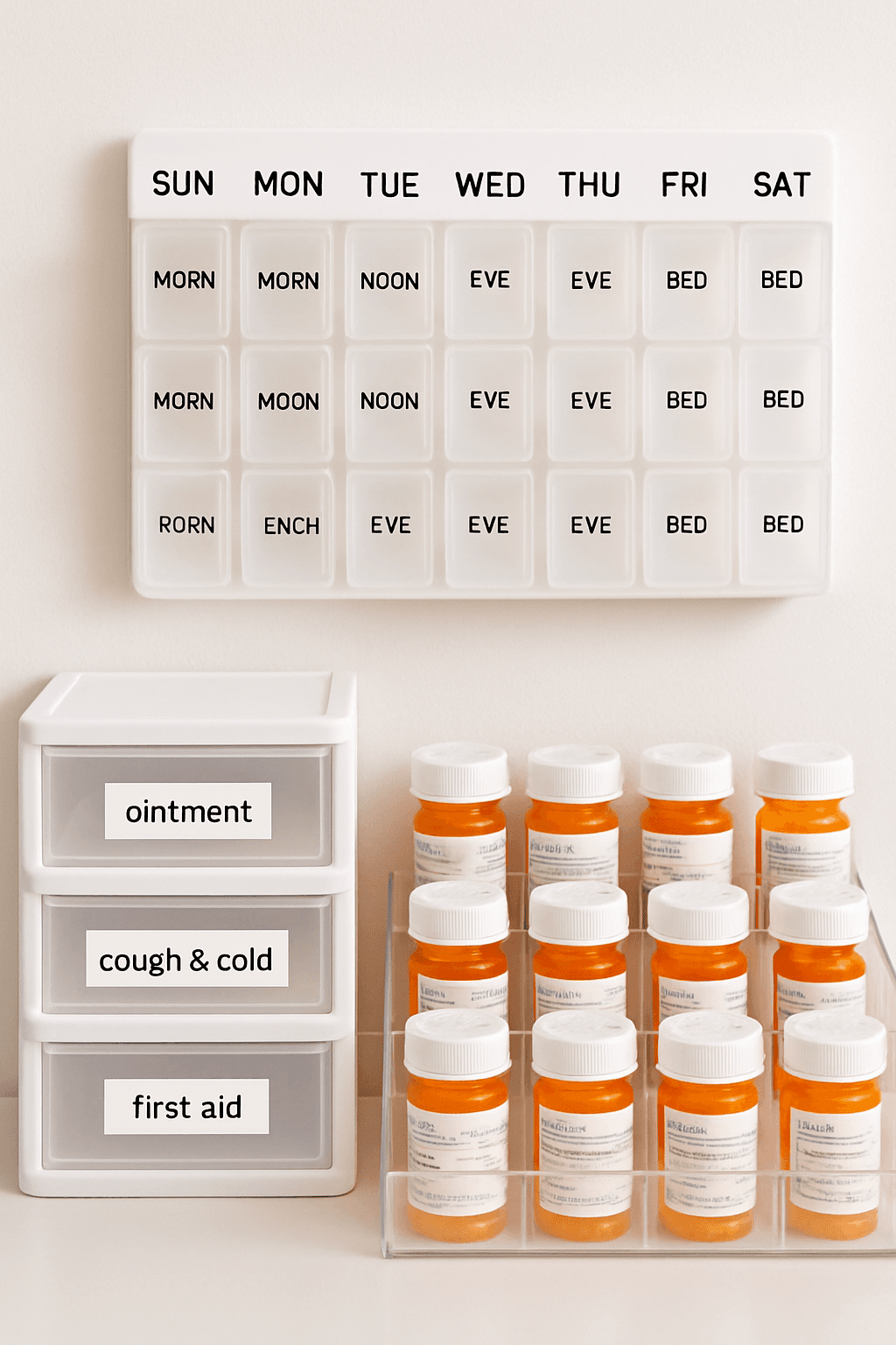 bottles of ointment cough and cold and first aid are on a shelf