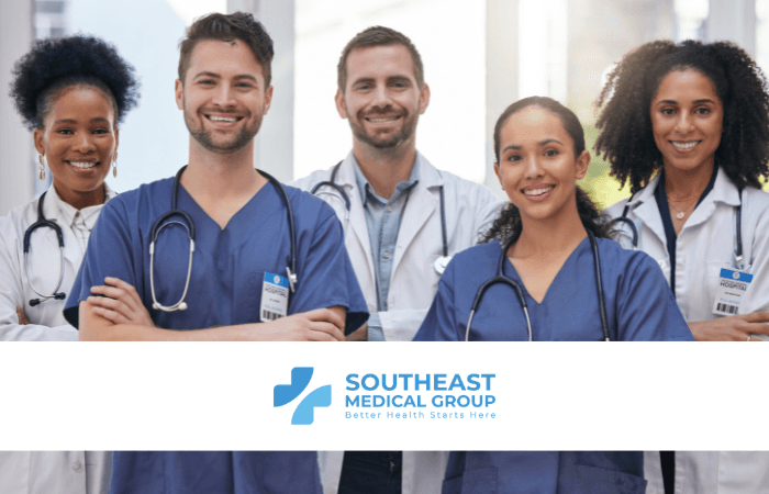 Smiling group of diverse medical professionals with the Southeast Medical Group logo.