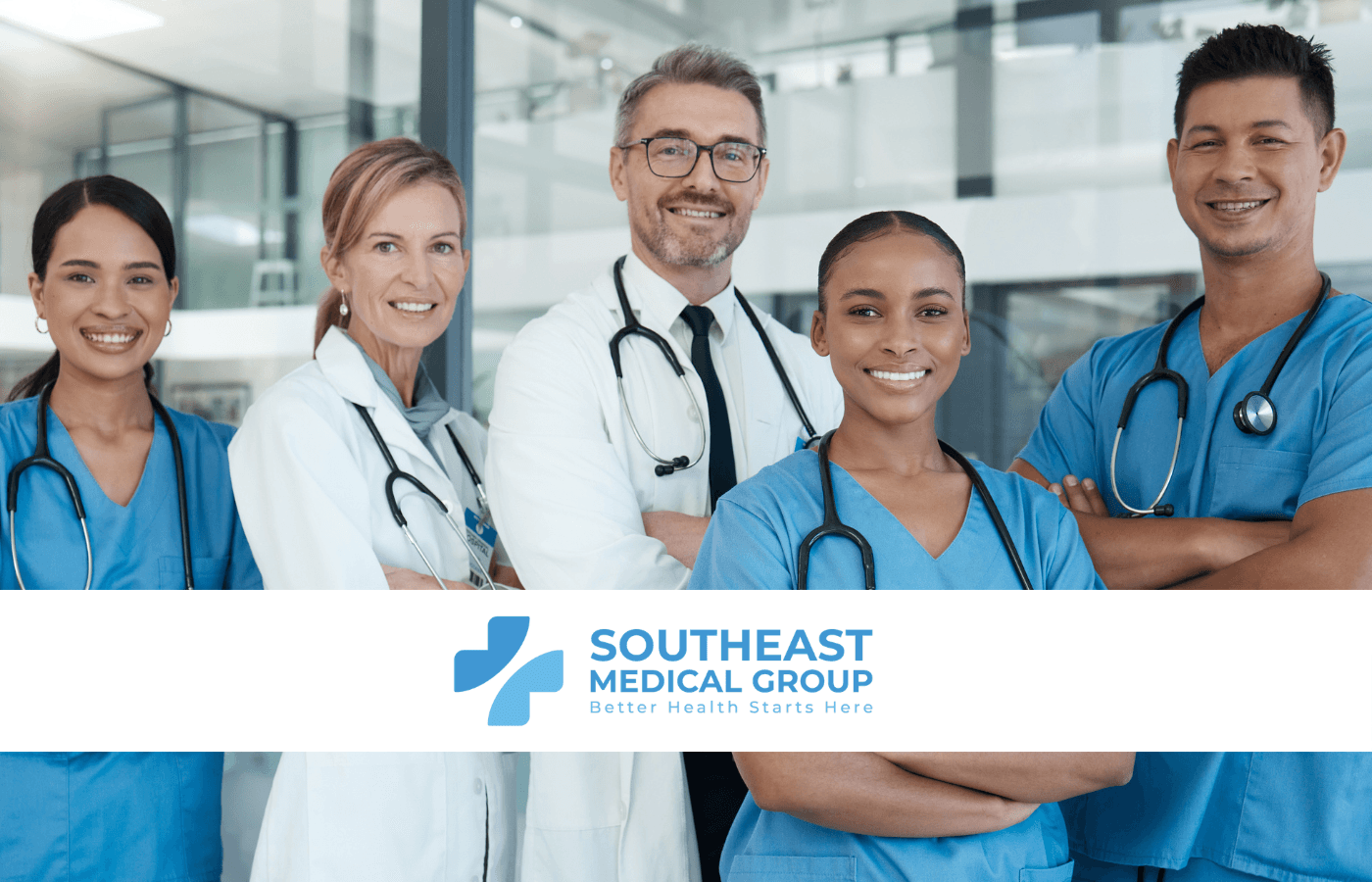 A diverse group of five smiling medical professionals in scrubs and lab coats, with the Southeast Medical Group logo at the bottom.