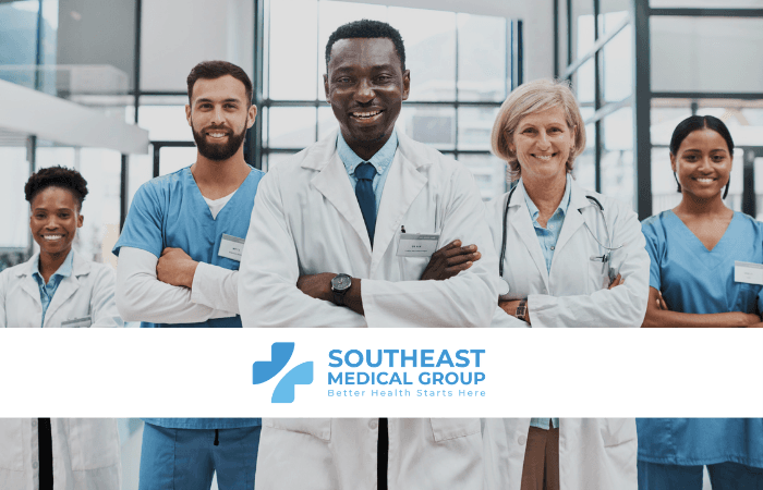 Five smiling healthcare professionals of diverse backgrounds, with the Southeast Medical Group logo at the bottom.