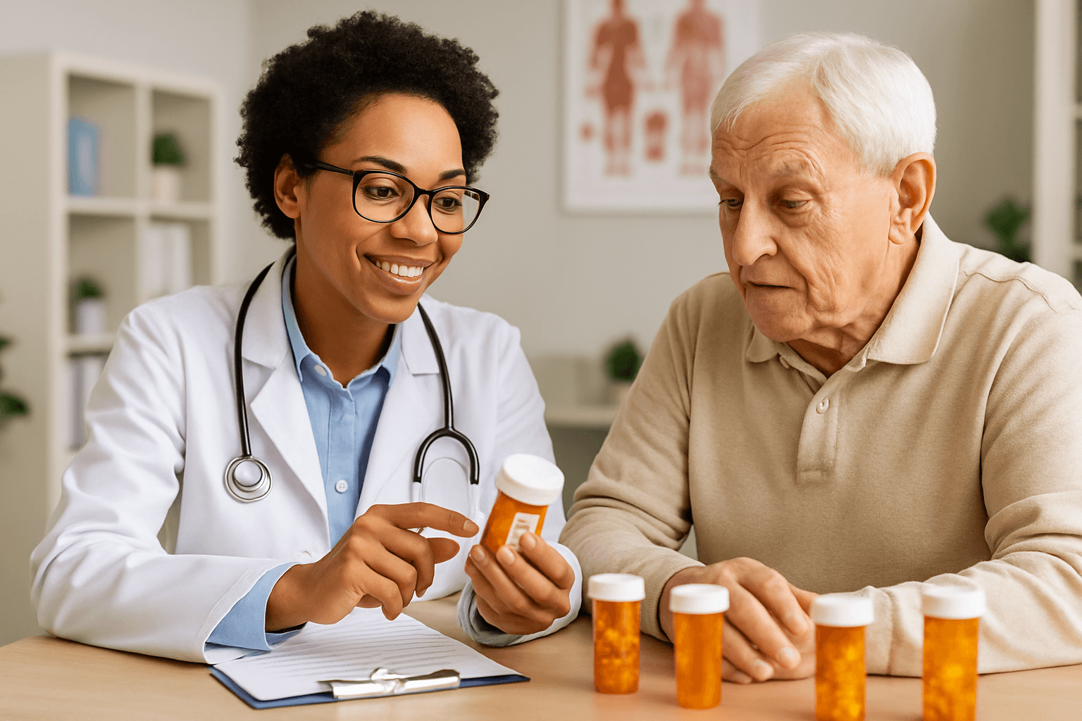 a doctor is talking to an elderly man about pills