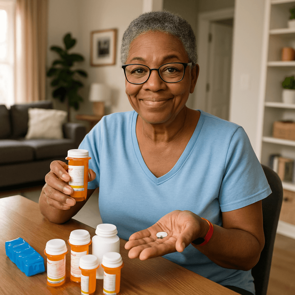 an older woman is holding a bottle of pills in her hand