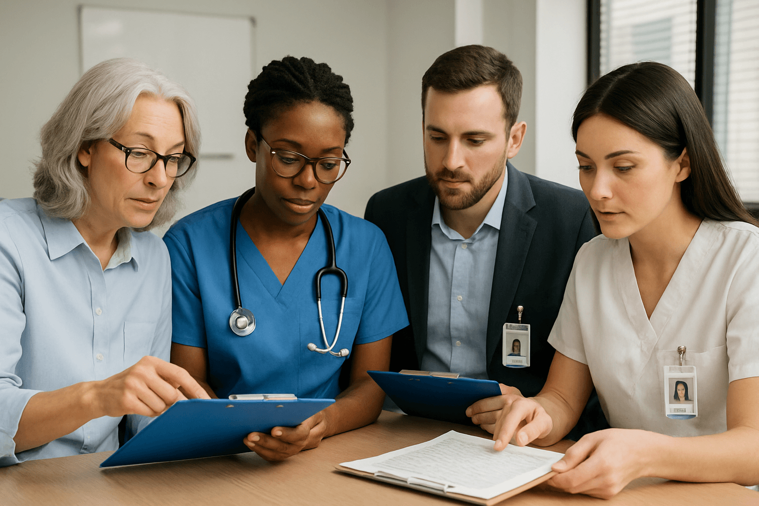 a group of doctors and nurses are looking at a clipboard