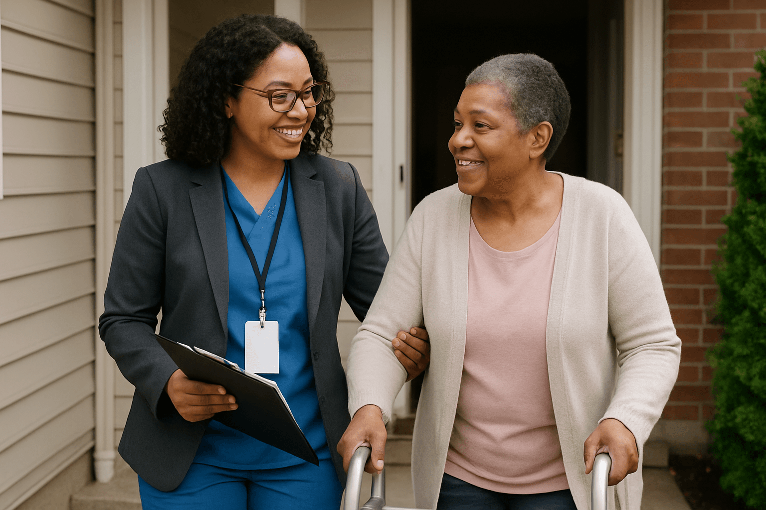 a nurse helps an elderly woman with a walker