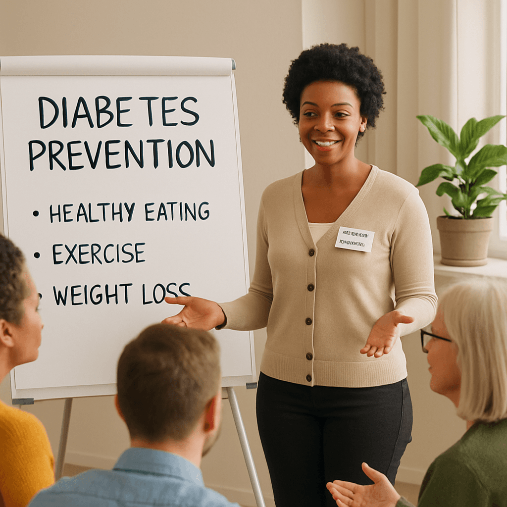 a woman is giving a presentation about diabetes prevention