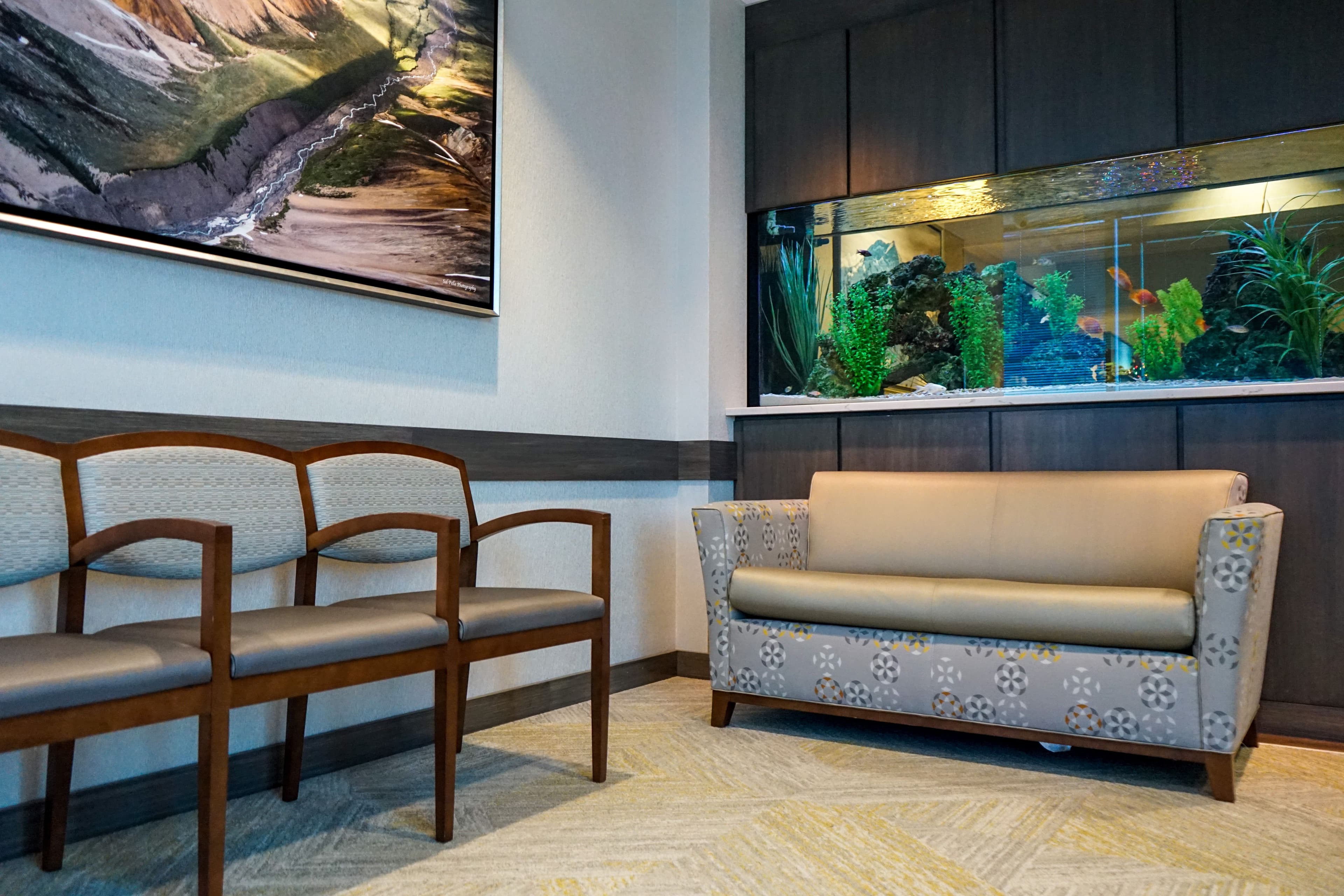 North Atlanta Primary Care at East Cobb has a spacious waiting room with a large saltwater aquarium.