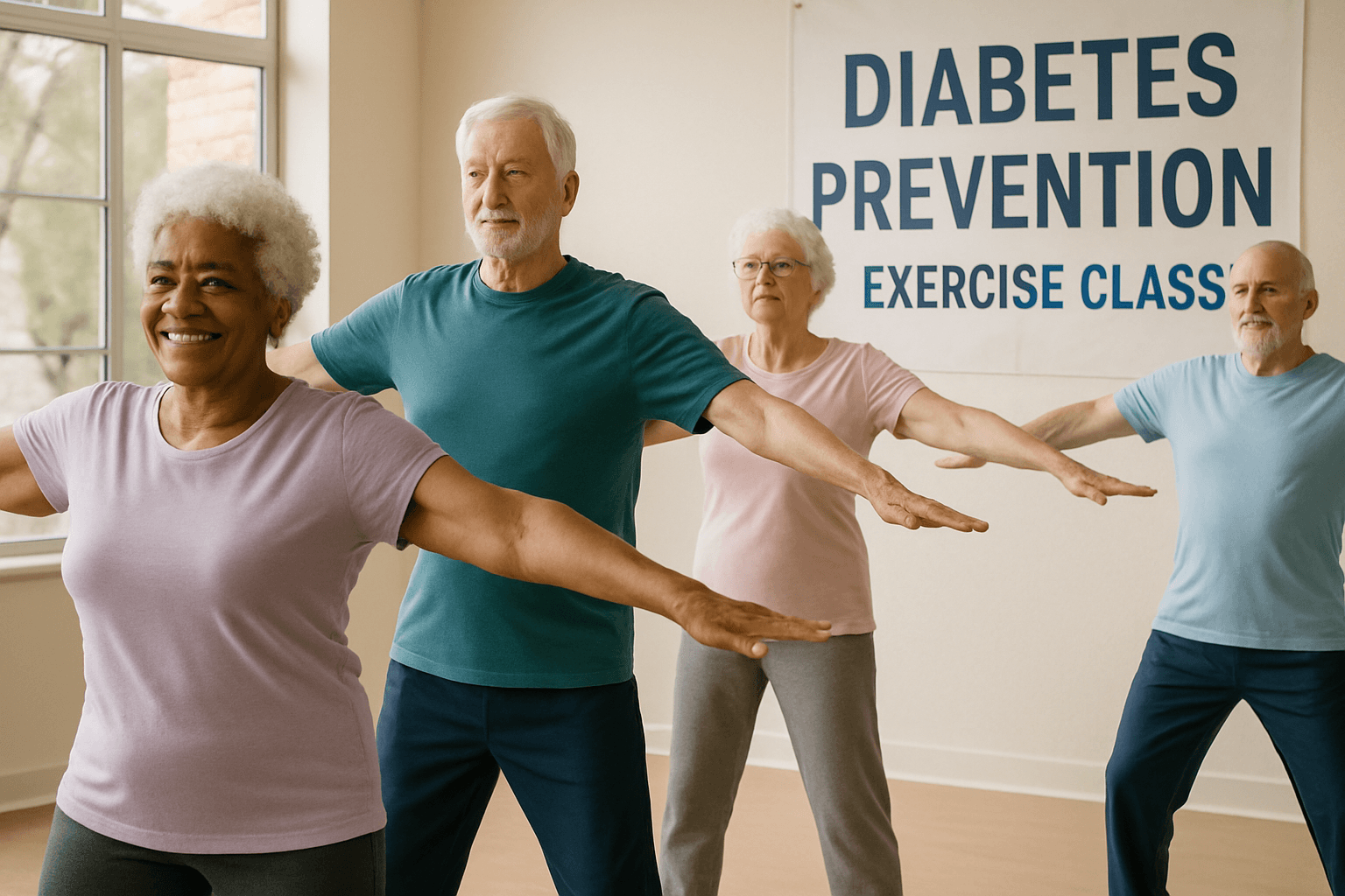 a group of elderly people are doing exercises in front of a sign that says diabetes prevention exercise class