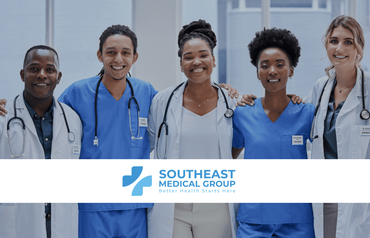 Six diverse healthcare professionals smiling, with the Southeast Medical Group logo below.