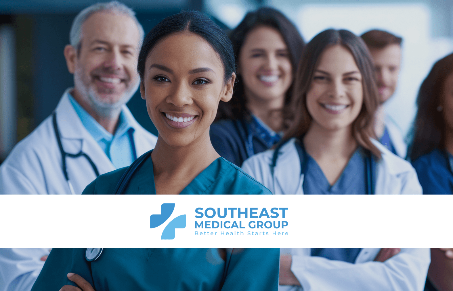 Five smiling healthcare professionals of diverse backgrounds, with the Southeast Medical Group logo at the bottom.