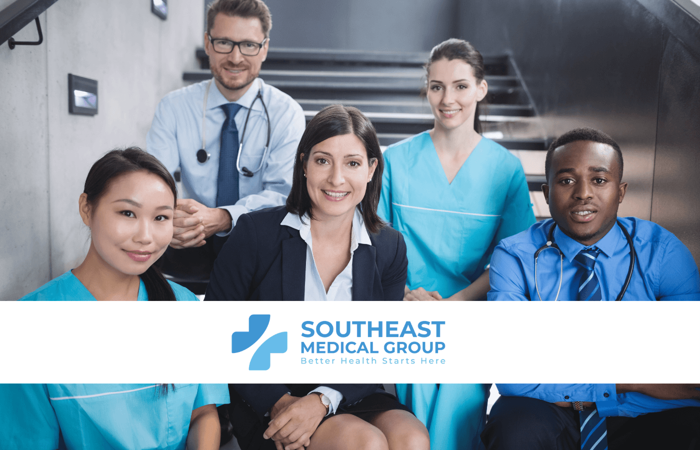 Diverse group of five medical and one business professional smiling on a staircase, with the "Southeast Medical Group" logo.