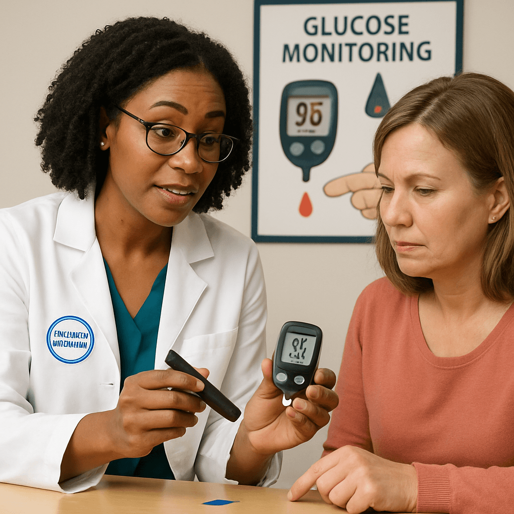 a doctor is talking to a patient about glucose monitoring