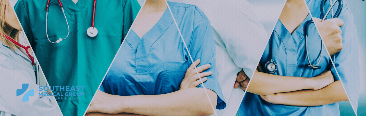 Collage of diverse medical professionals in scrubs and lab coats, holding stethoscopes, with the Southeast Medical Group logo.