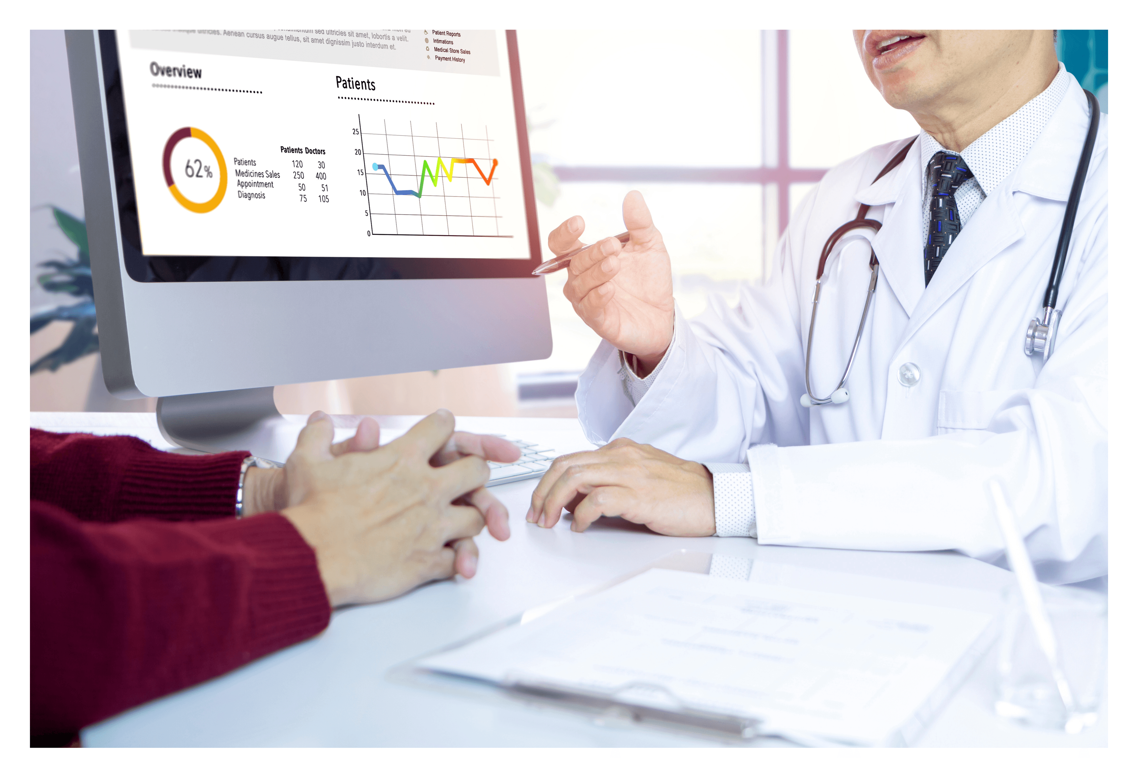 a doctor is talking to a patient in front of a computer screen that says overview