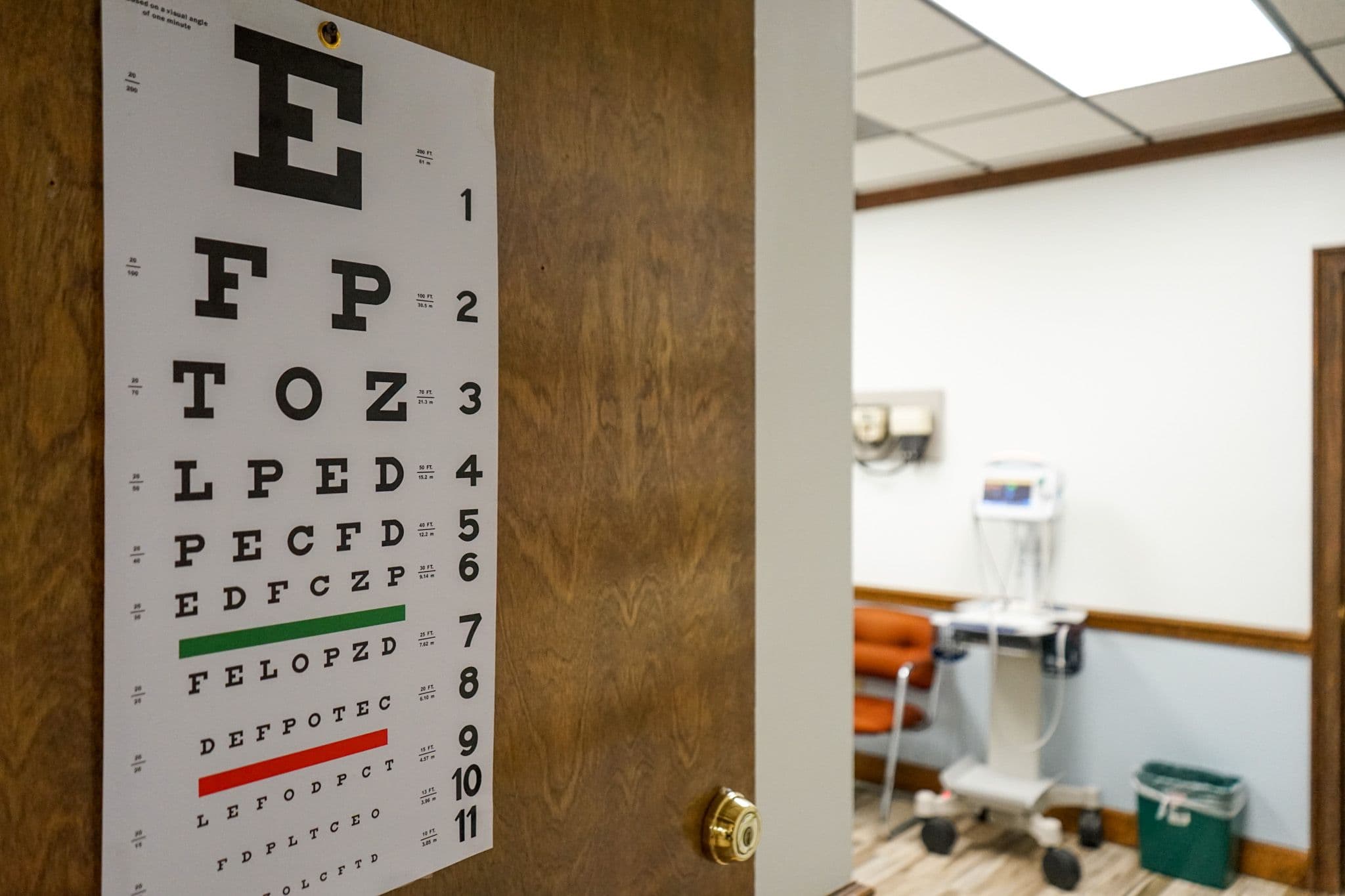 an eye chart is hanging on a door in a doctor 's office .