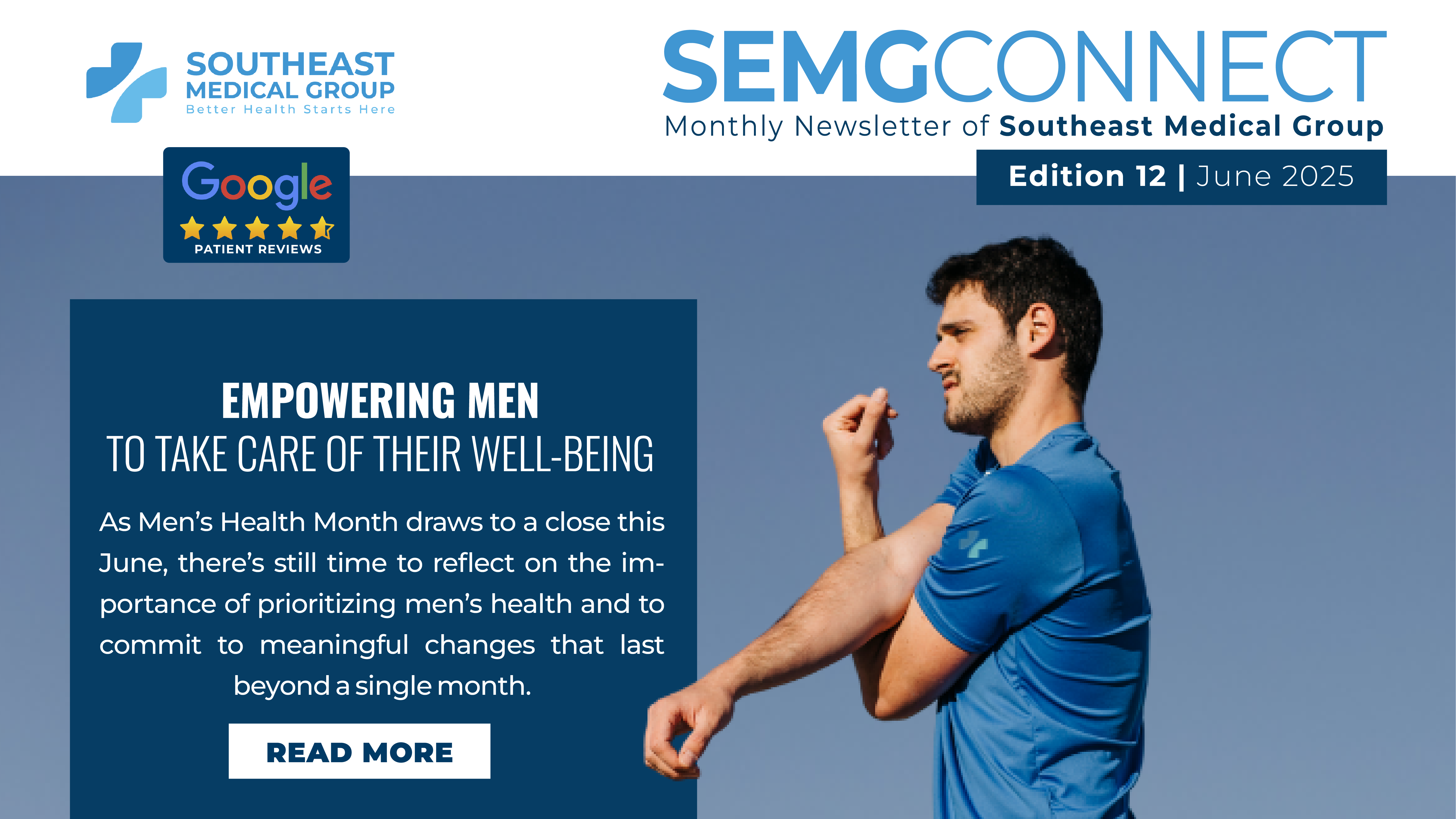 an advertisement for southeast medical group shows a man stretching his arm