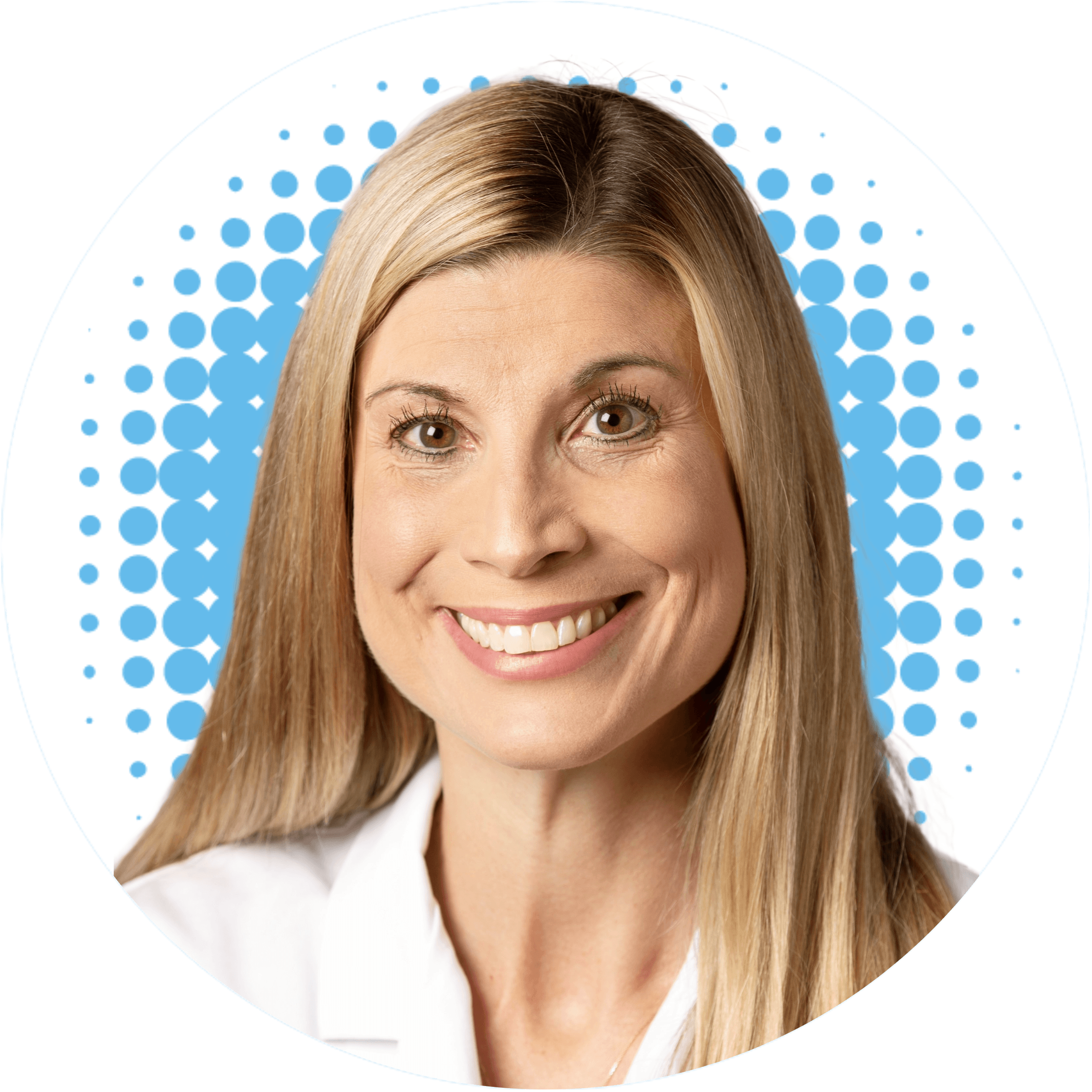 Jill Davis, PA-C, in a white lab coat smiles in front of a blue polka dot background