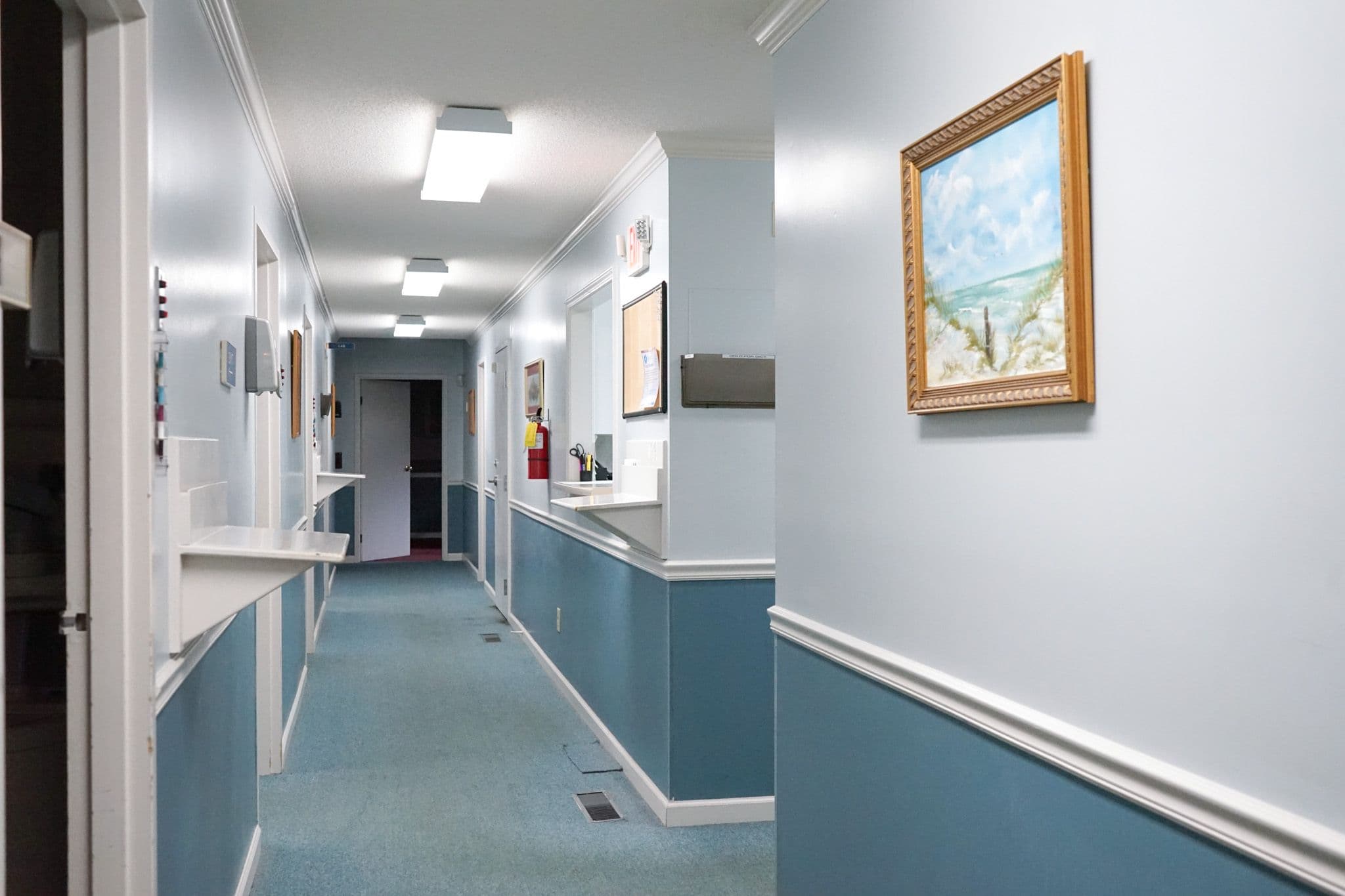 a long hallway with blue walls and a painting on the wall .