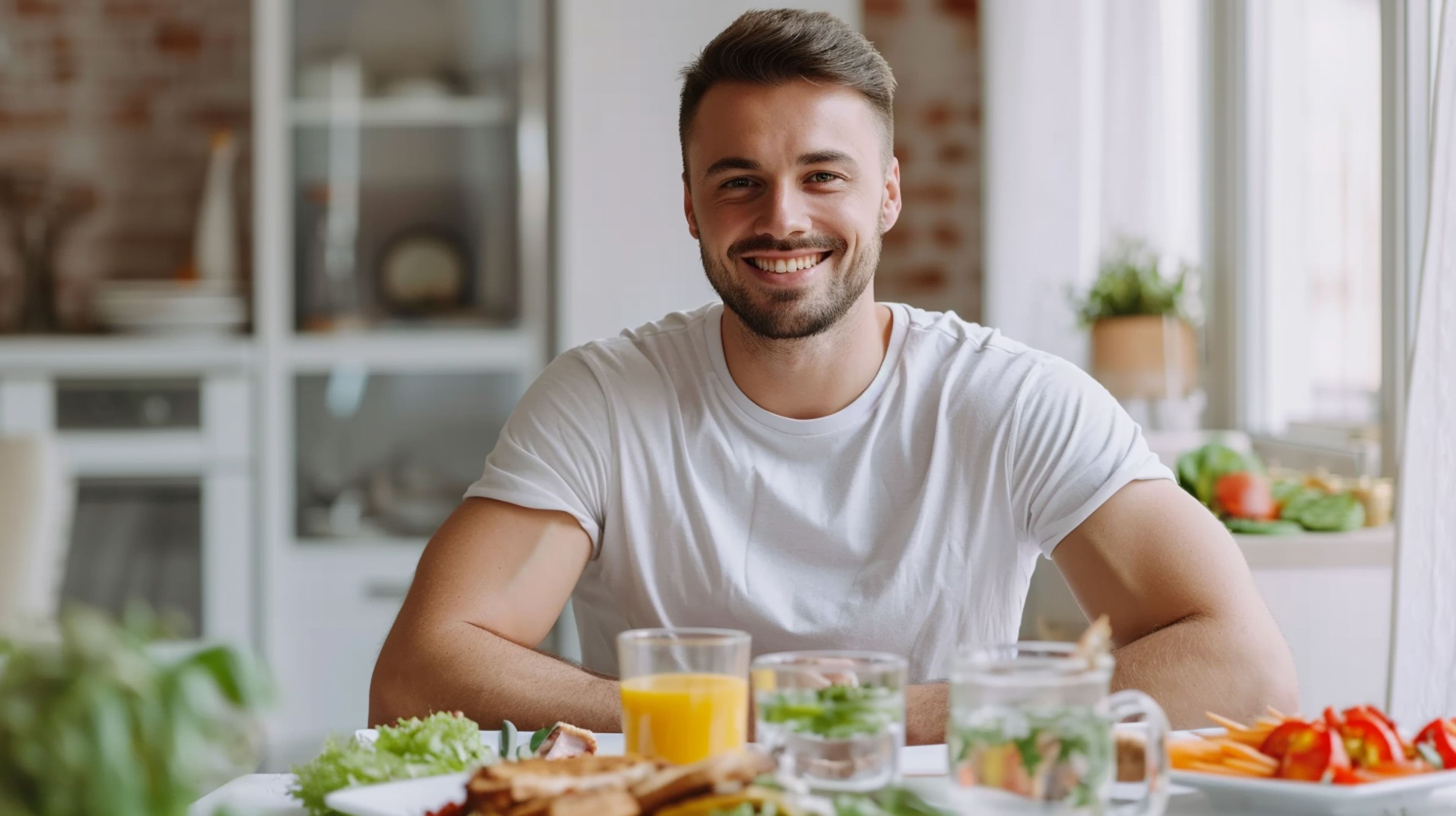 a man is sitting at a table with a plate of food .
