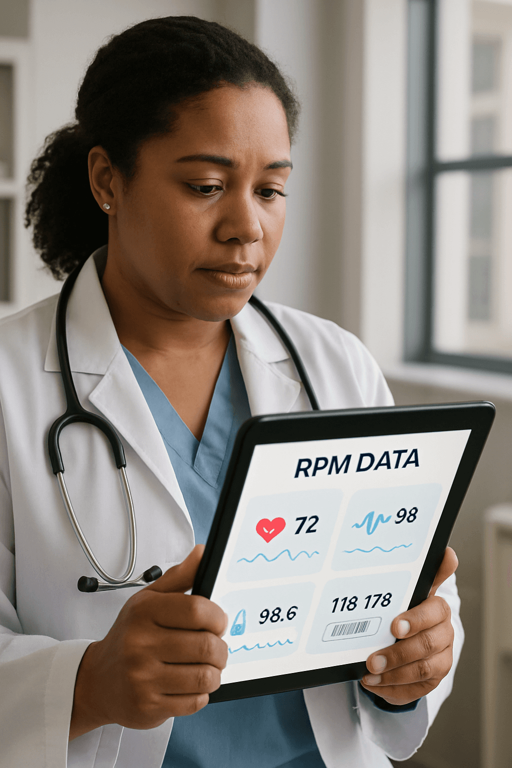 a doctor is looking at rpm data on a tablet