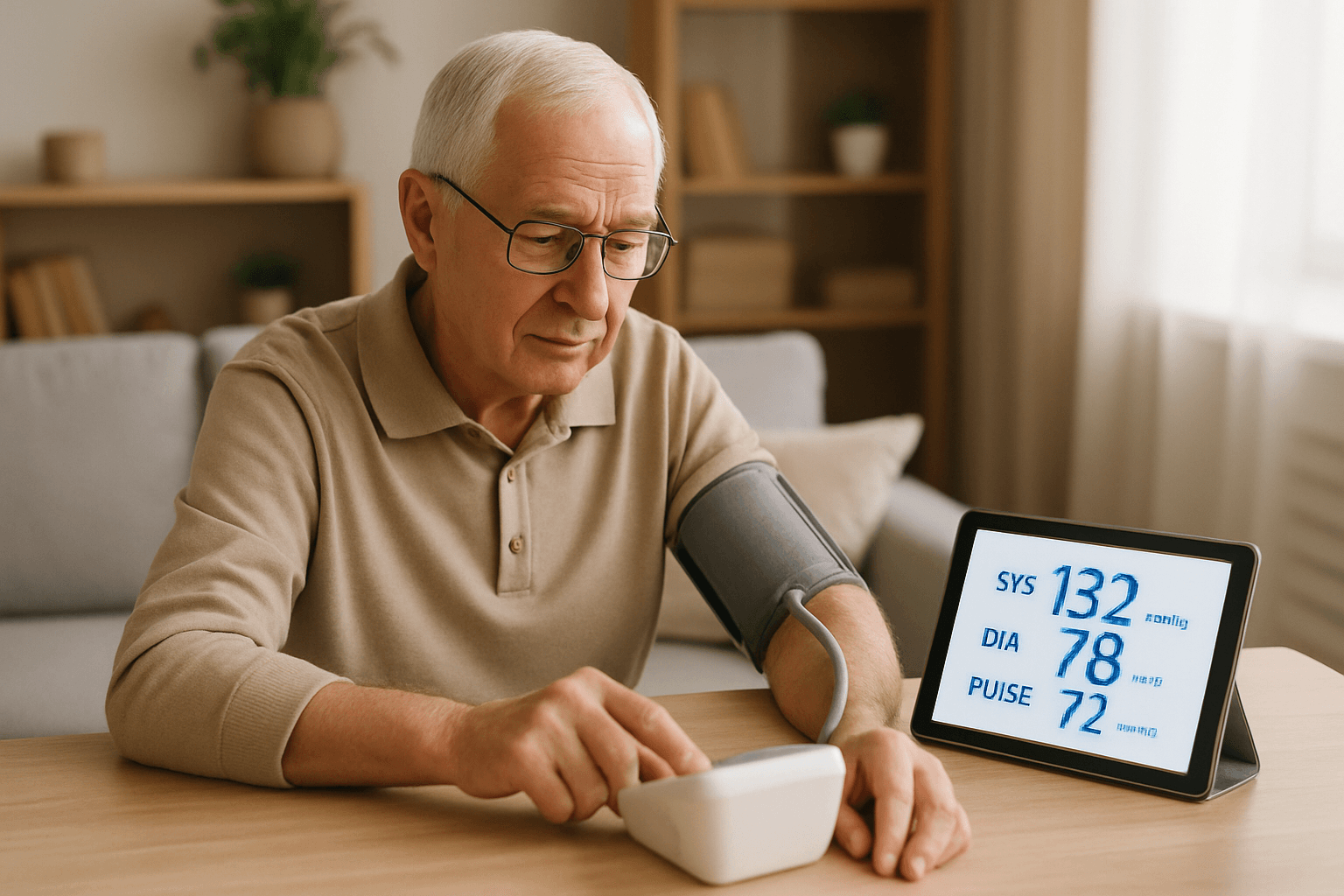 a senior is using a blood pressure monitor at home with a tablet showing readings
