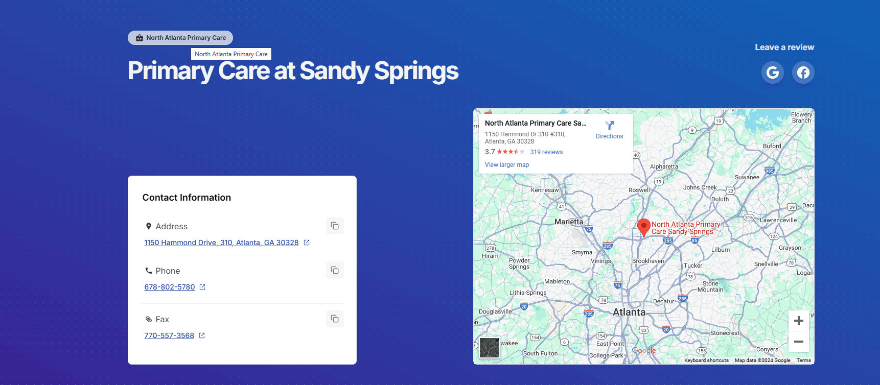 a web page for primary care at sandy springs