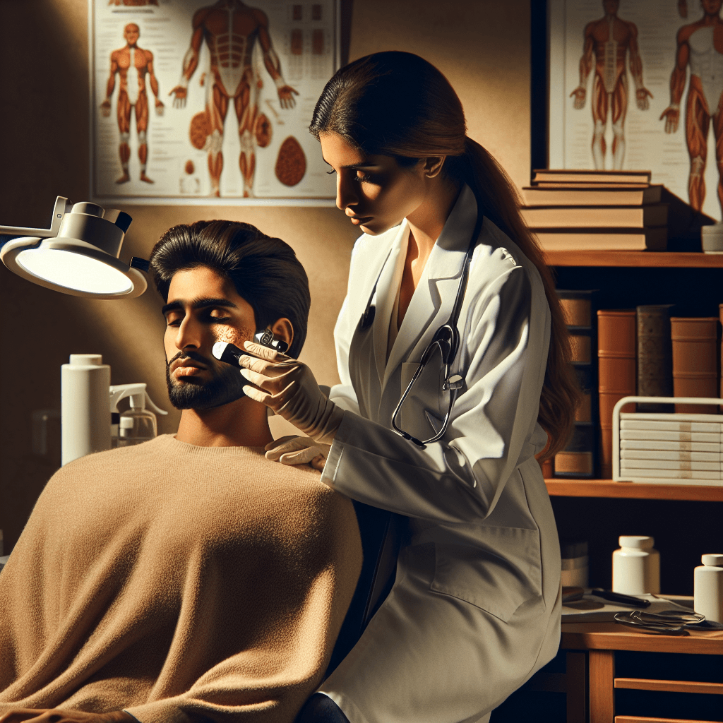 a doctor examines a man 's face with a stethoscope around her neck