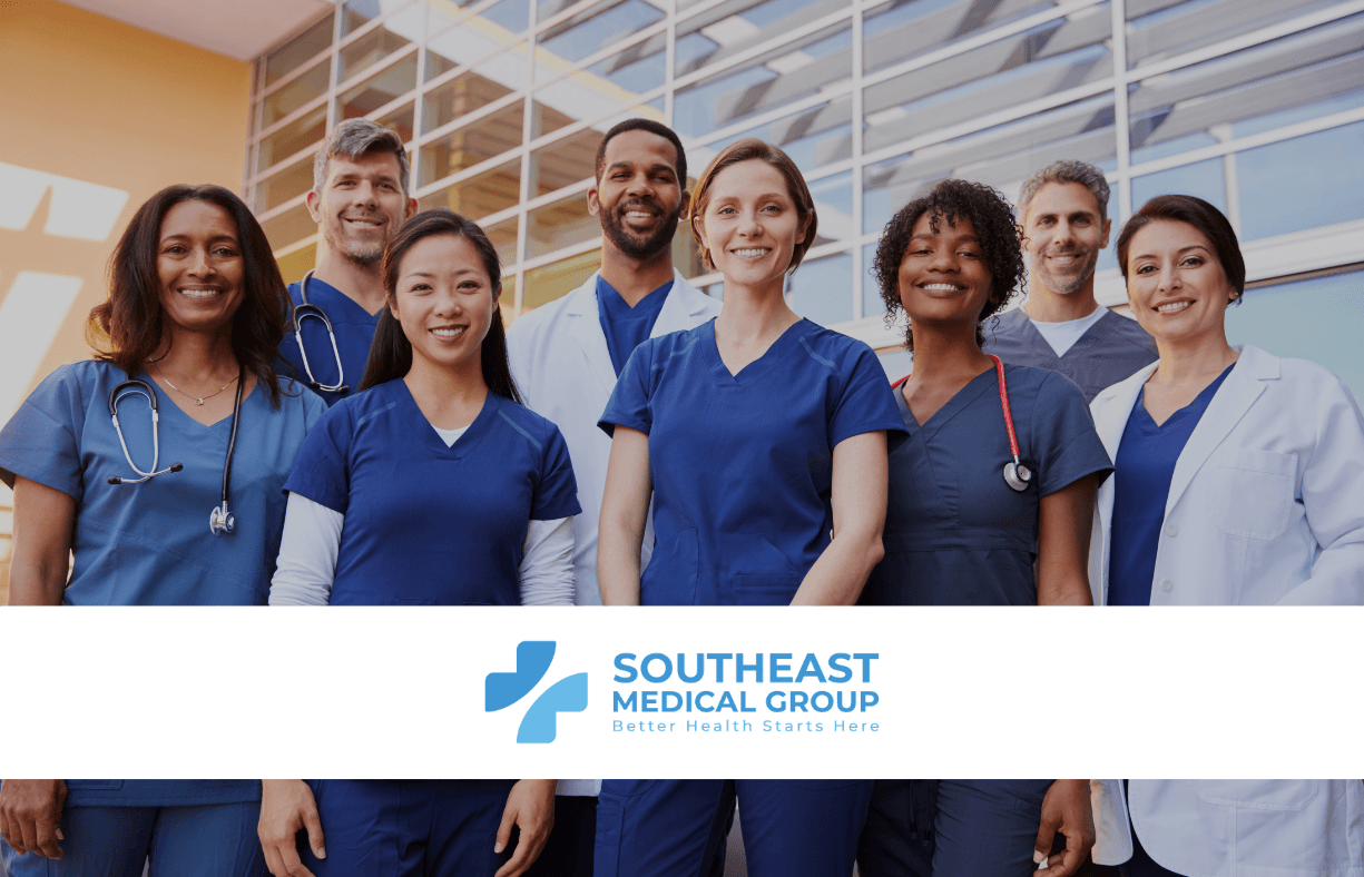 Five smiling healthcare professionals of diverse backgrounds, with the Southeast Medical Group logo at the bottom.