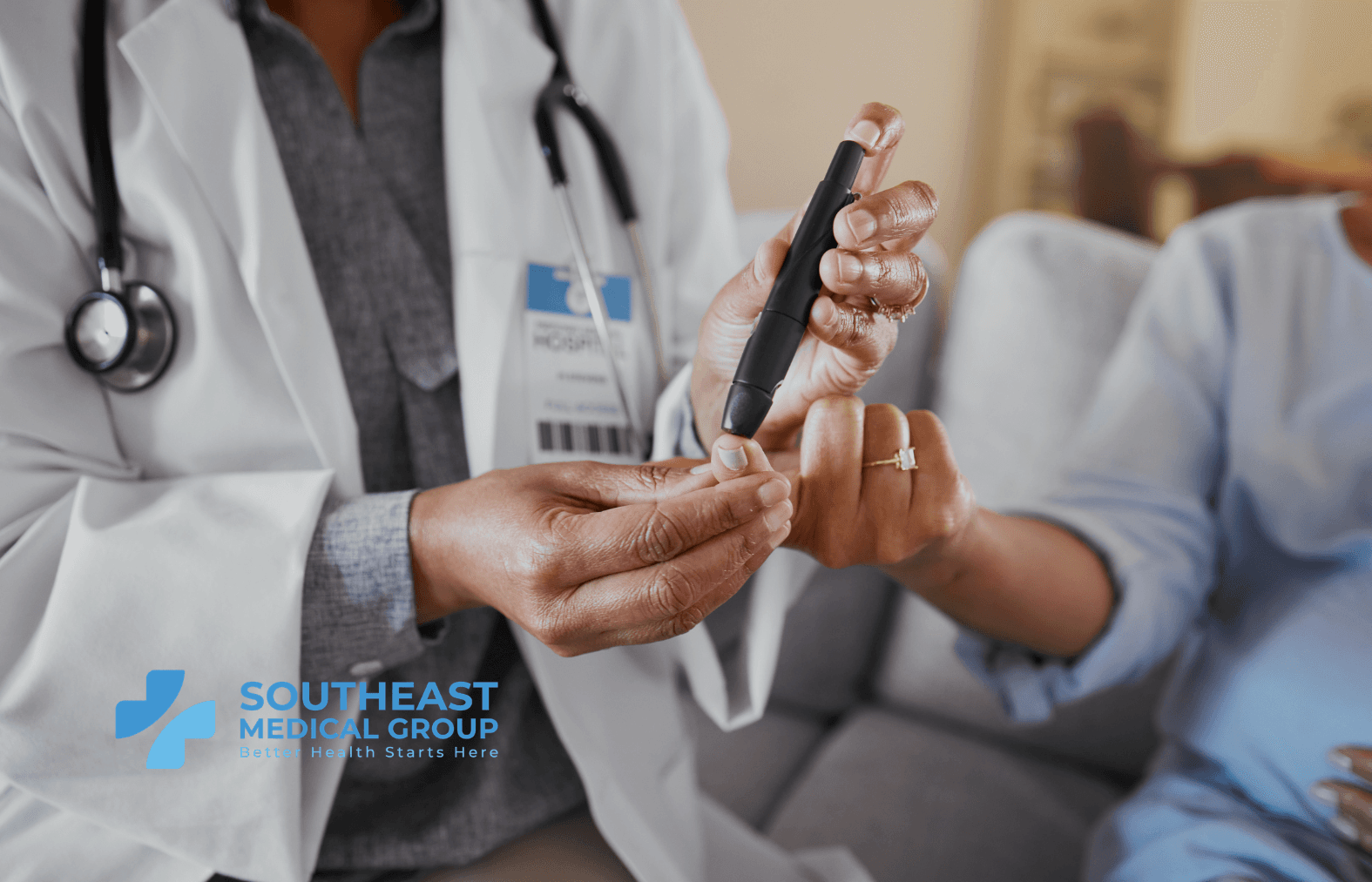 A doctor performs a finger-prick blood sugar test on a pregnant patient.