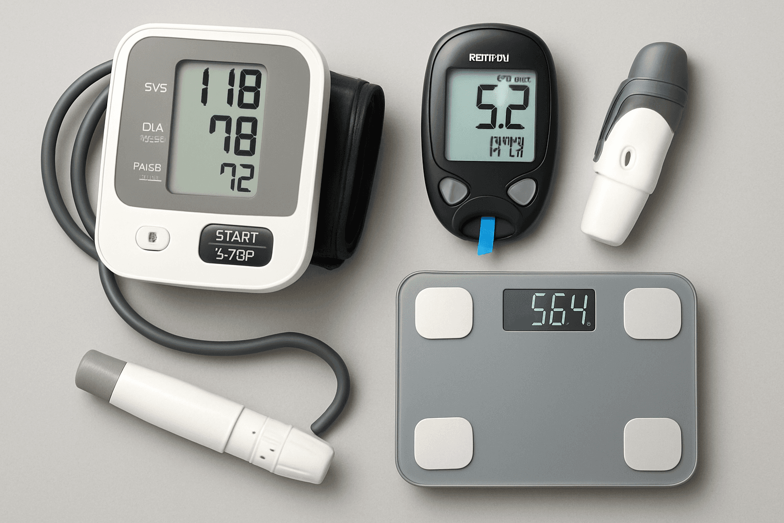 multiple medical devices including blood pressure monitor glucose meter and scale