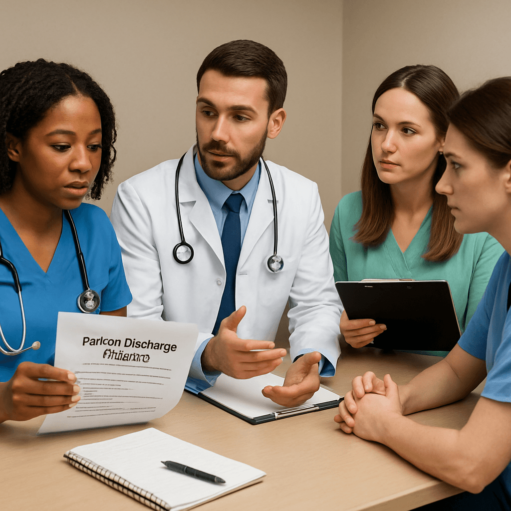a group of doctors are looking at a paricon discharge form