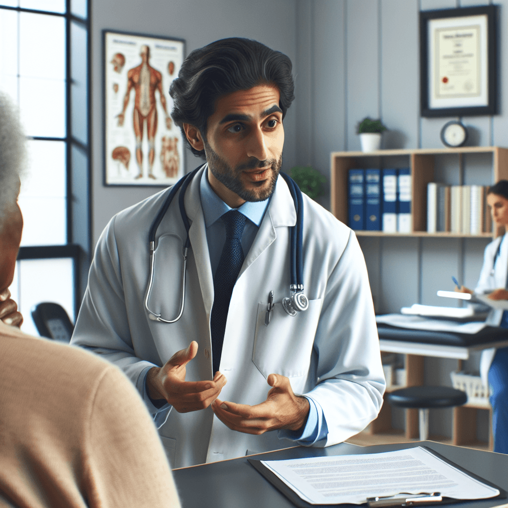 a doctor with a stethoscope around his neck is talking to a patient