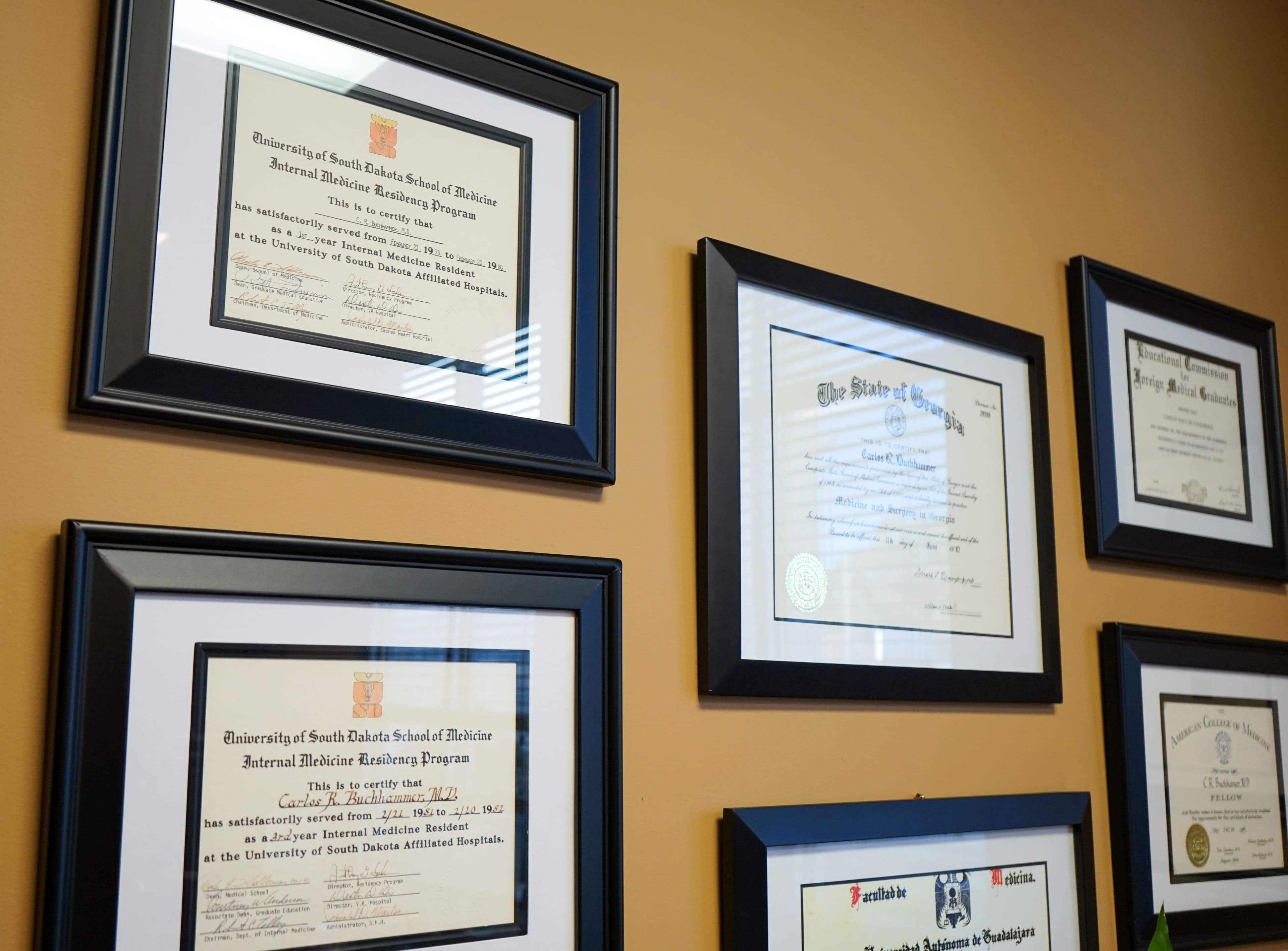 a row of framed degrees are hanging on a wall .