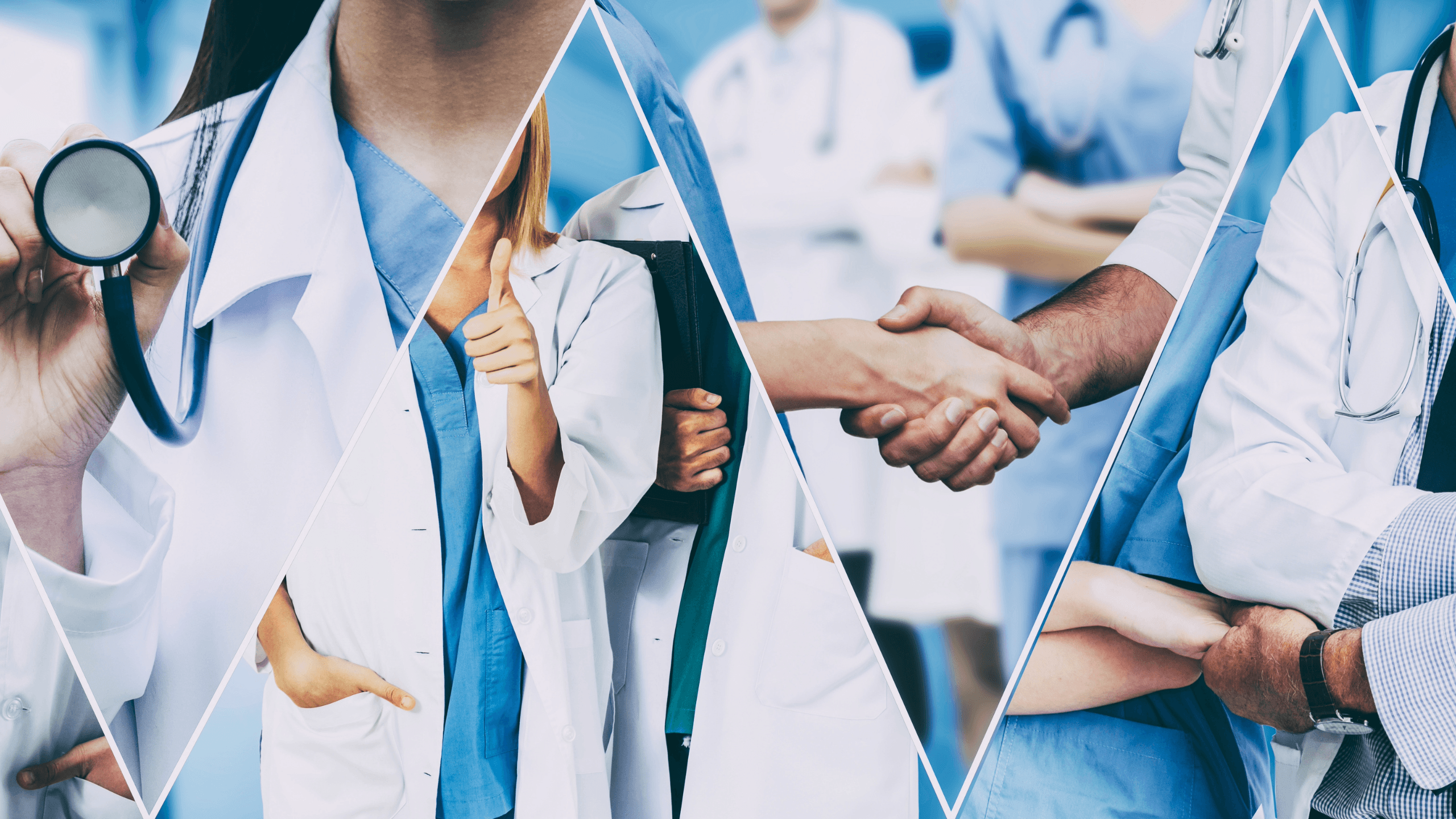 a collage of doctors shaking hands and holding stethoscopes